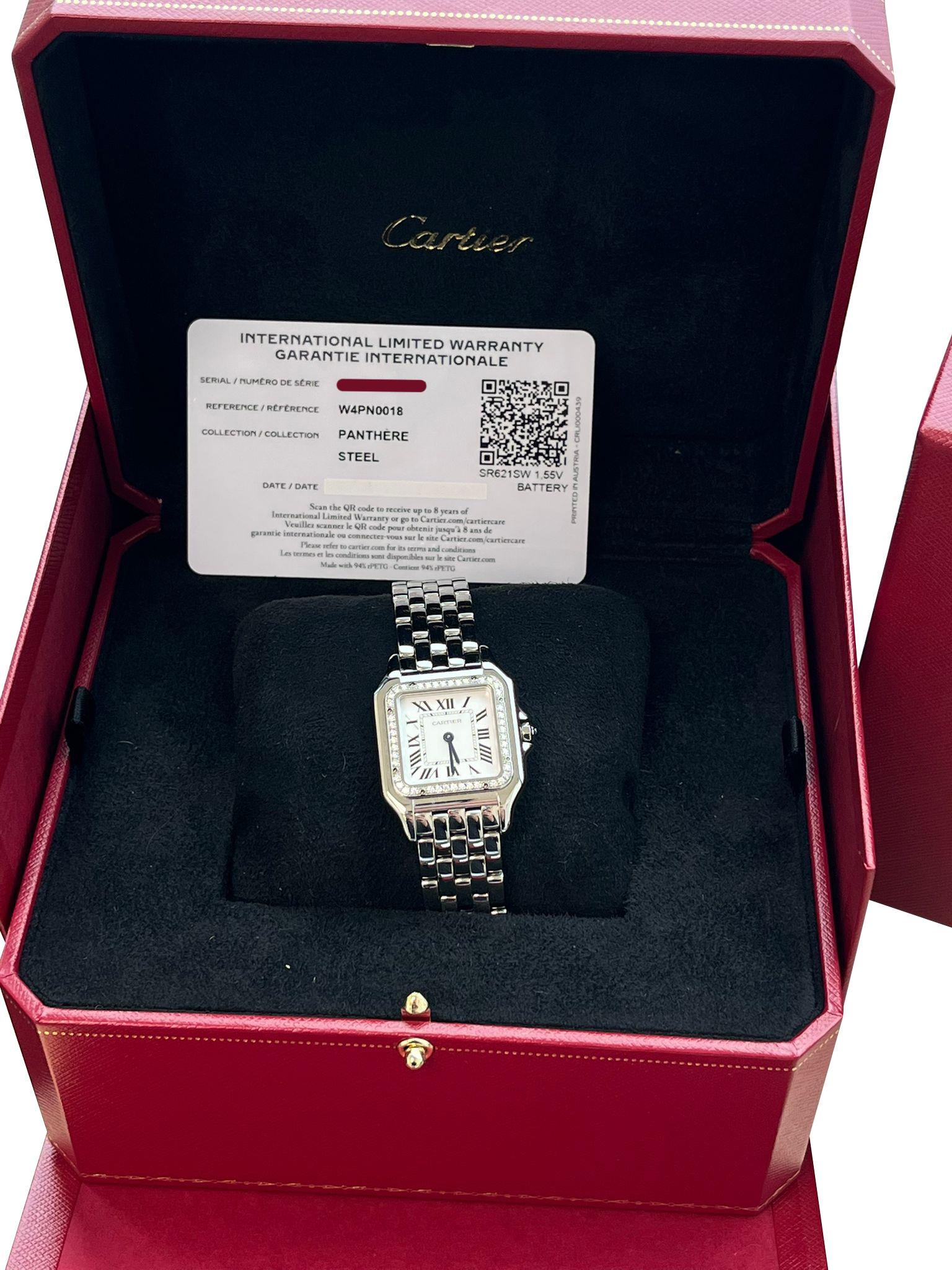Modernist Cartier Panthere De Cartier Silver Dial Diamond Bezel Steel Watch W4PN0018 For Sale