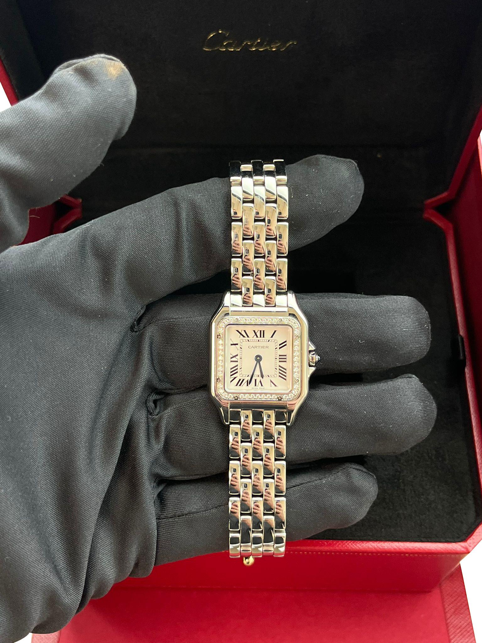 Cartier Panthere De Cartier Silver Dial Diamond Bezel Steel Watch W4PN0018 In New Condition For Sale In Aventura, FL