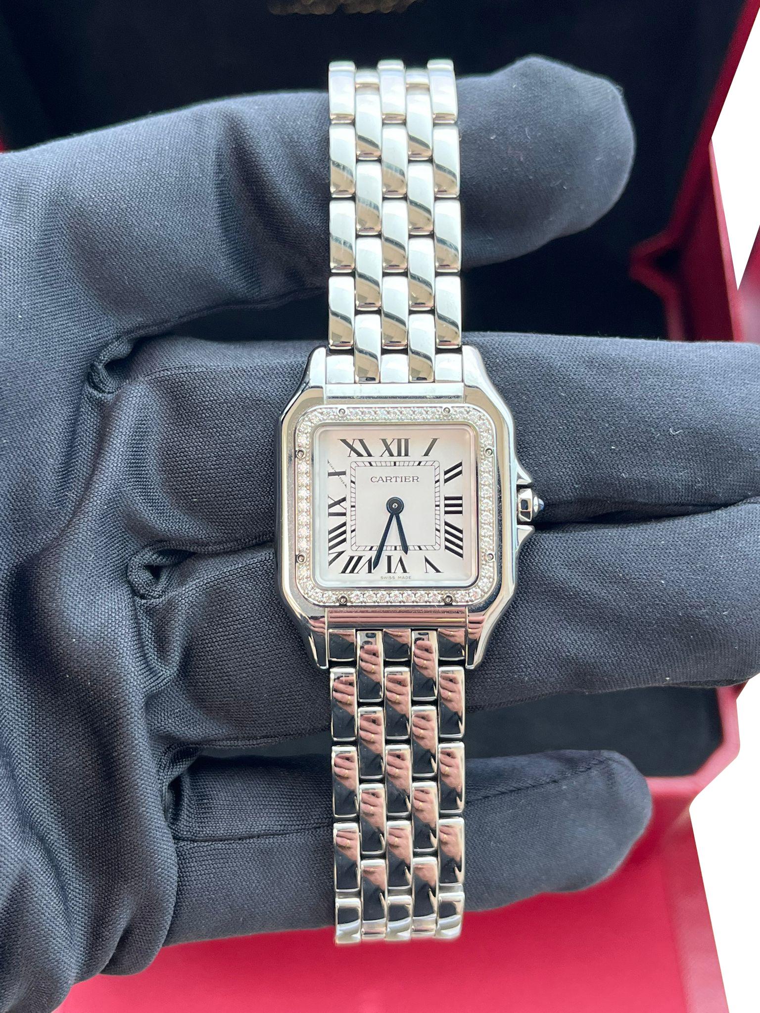 Women's Cartier Panthere De Cartier Silver Dial Diamond Bezel Steel Watch W4PN0018 For Sale