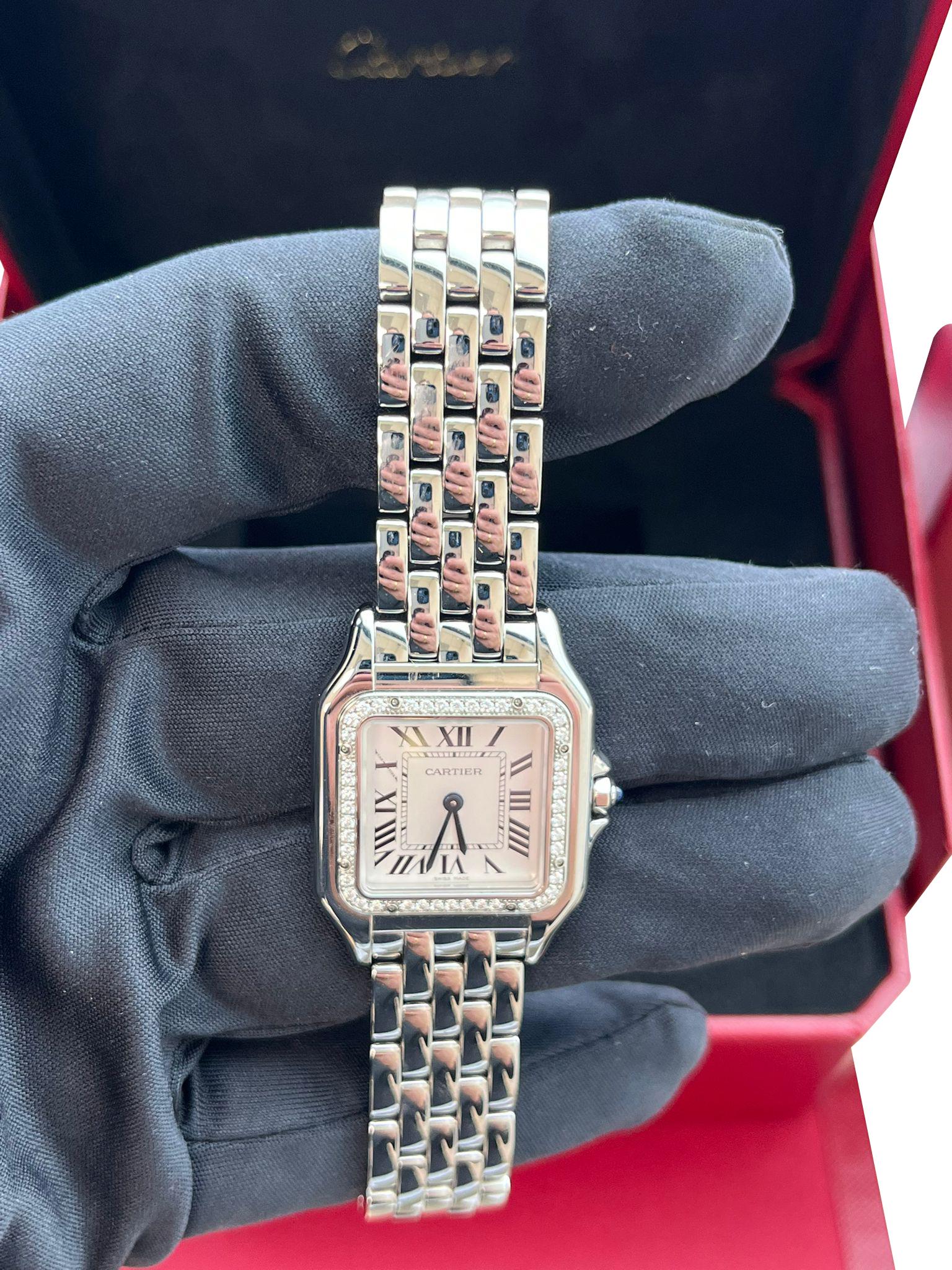 Cartier Panthere De Cartier Silver Dial Diamond Bezel Steel Watch W4PN0018 For Sale 1