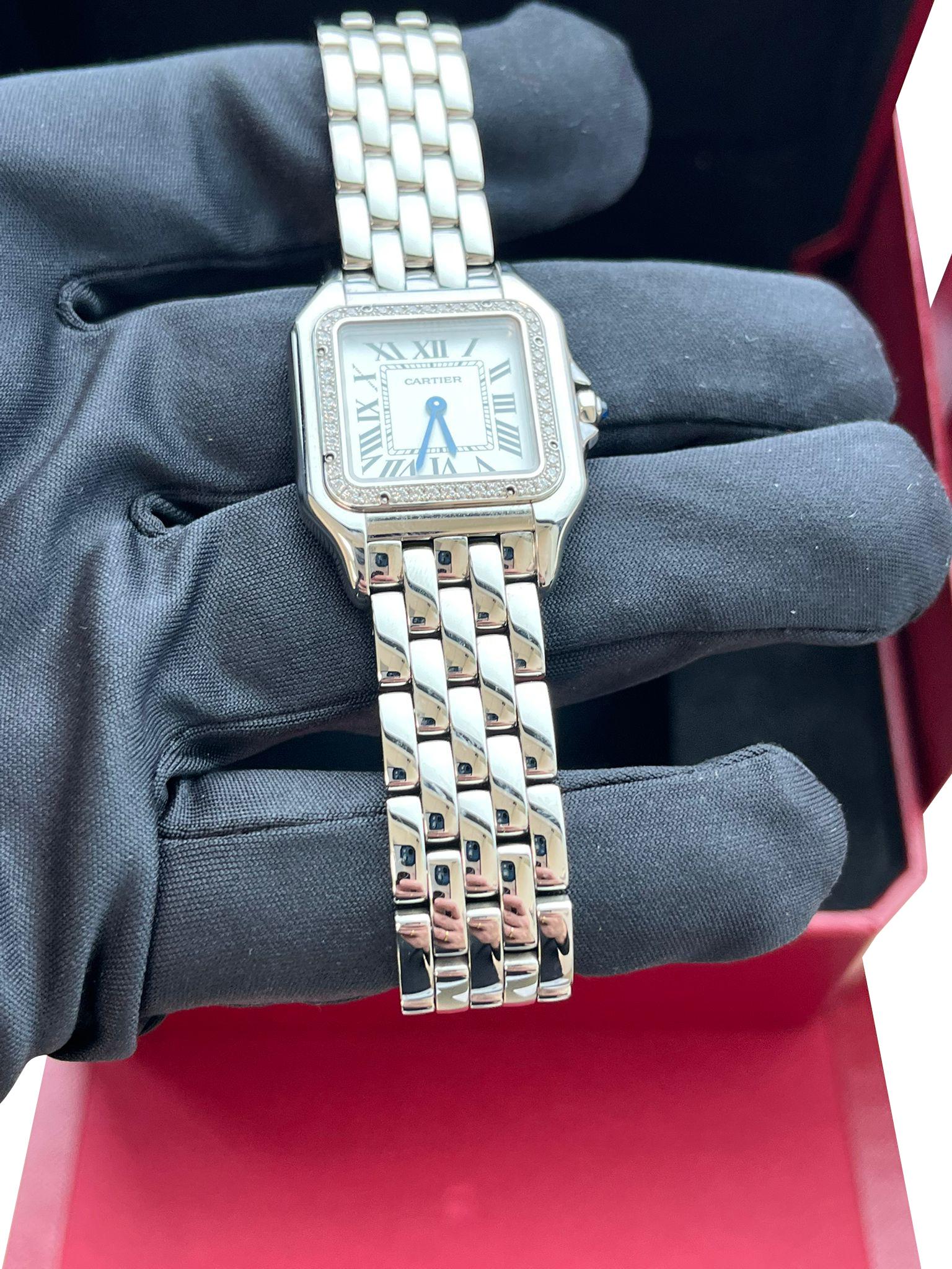 Cartier Panthere De Cartier Silver Dial Diamond Bezel Steel Watch W4PN0018 For Sale 2