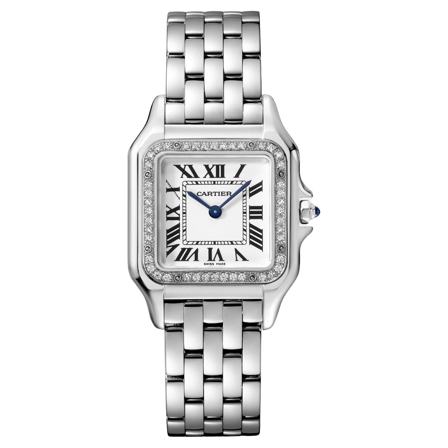 Cartier Panthere De Cartier Silver Dial Diamond Bezel Steel Watch W4PN0018 For Sale