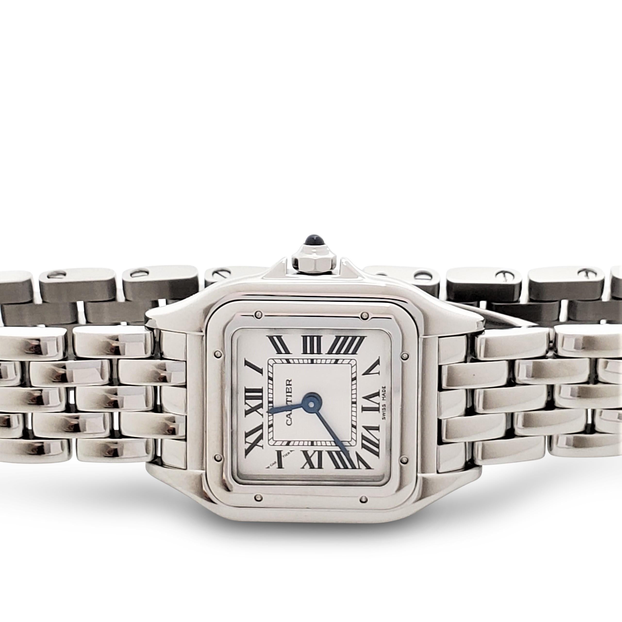 Authentic, classic, and refined Cartier 'Panthère de Cartier' watch defined by its clean lines and rounded corners. The medium-sized stainless steel timepiece features a jewelry-like maillon bracelet. The silvered face is completed with blued-steel