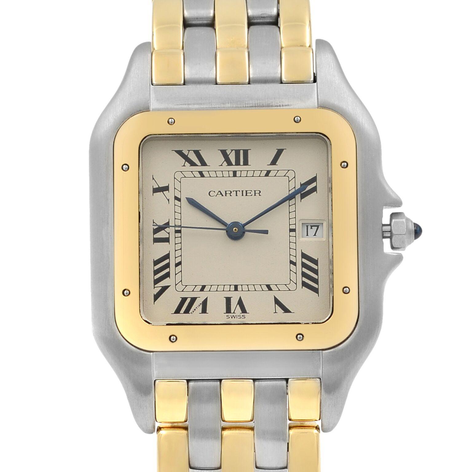 This pre-owned Cartier Panthere Jumbo 3Rows Gold Quartz Men's Watch 187957It has a square shape face, date dial, and has hand roman numerals style markers. It is completed with a stainless and solid gold band that opens and closes with a double