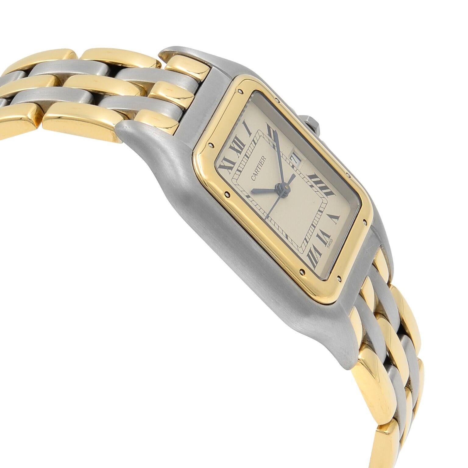 Cartier Panthere de Cartier Steel Gold Beige Dial Quartz Mens Watch 187957 In Excellent Condition In New York, NY