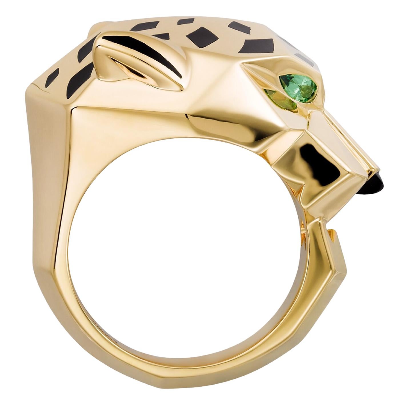 Modernist Cartier Panthère de Cartier Tsavorite Garnets Onyx Ring Yellow Gold For Sale