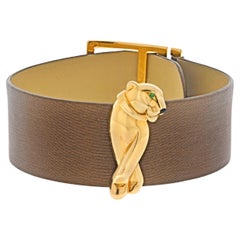 Vintage Cartier Panthere De Cartier Tsavorite Onyx 18K Yellow Gold Leather Cuff Bracelet