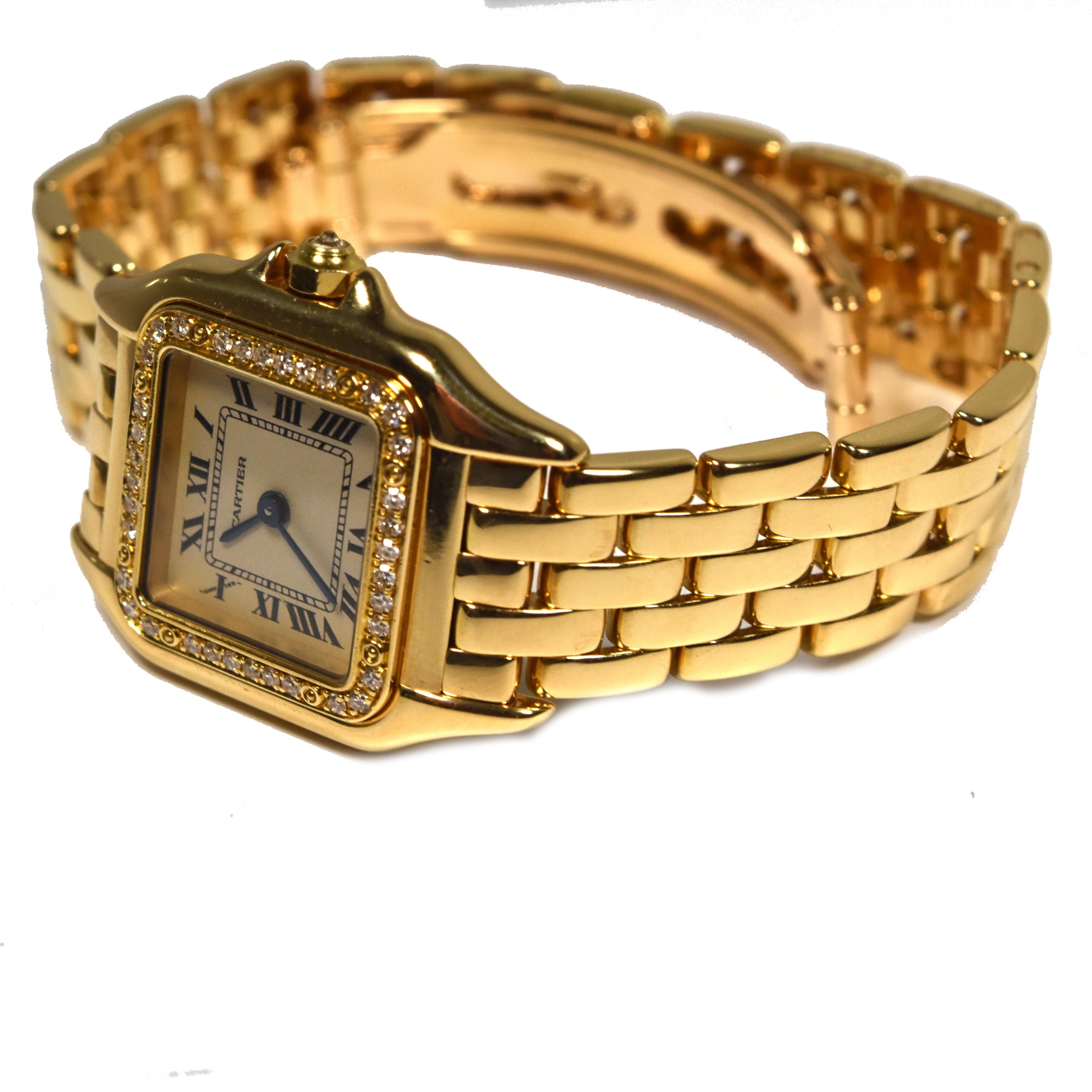 Brand: Cartier
Collection:  Panthere De Cartier 
Movement: Quartz
Case Size : 22 mm
Case Material: 18K Yellow Gold
Dial: White; 
Bezel: Diamond 
Crown:  Cabochon Diamond
Bracelet : 18k Yellow Gold  
Bracelet Size : 6 inches
Total Item Weight (