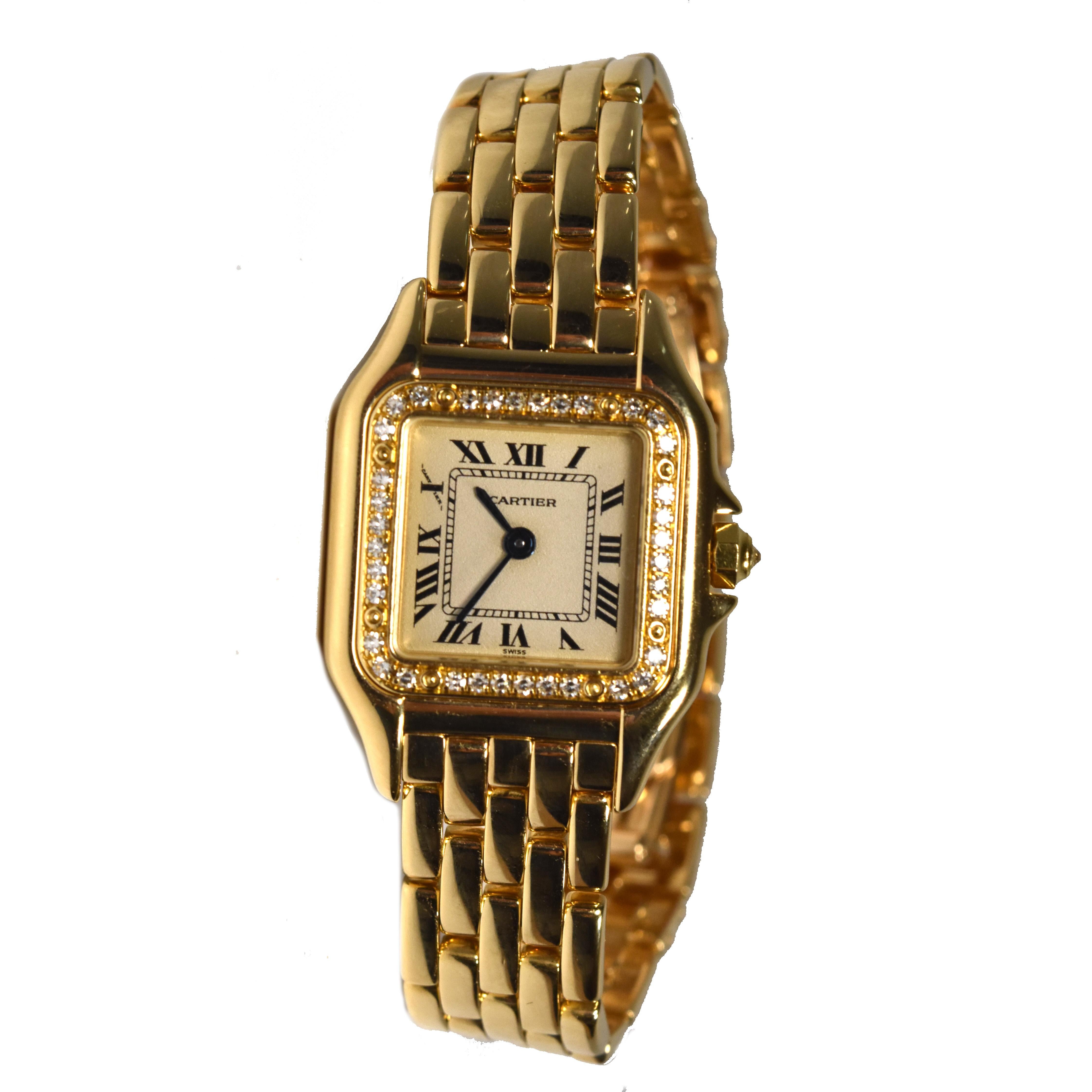 Rough Cut Cartier Panthere De Cartier w/ Diamond Bezel 18k Yellow Gold Watch