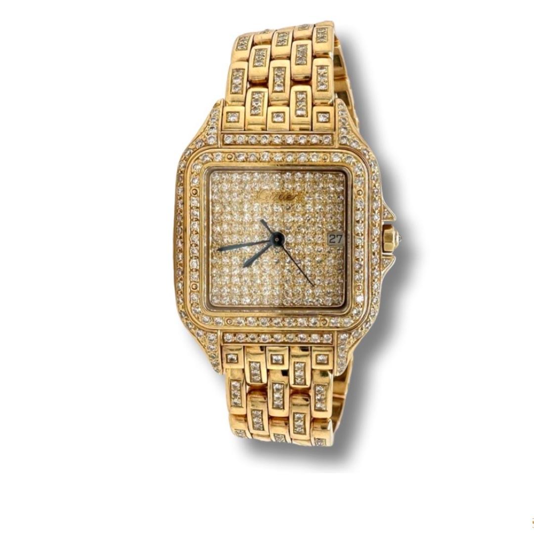 Brilliant Cut Cartier Panthere De Cartier Watch in 18k Yellow Gold with Custom Diamonds For Sale