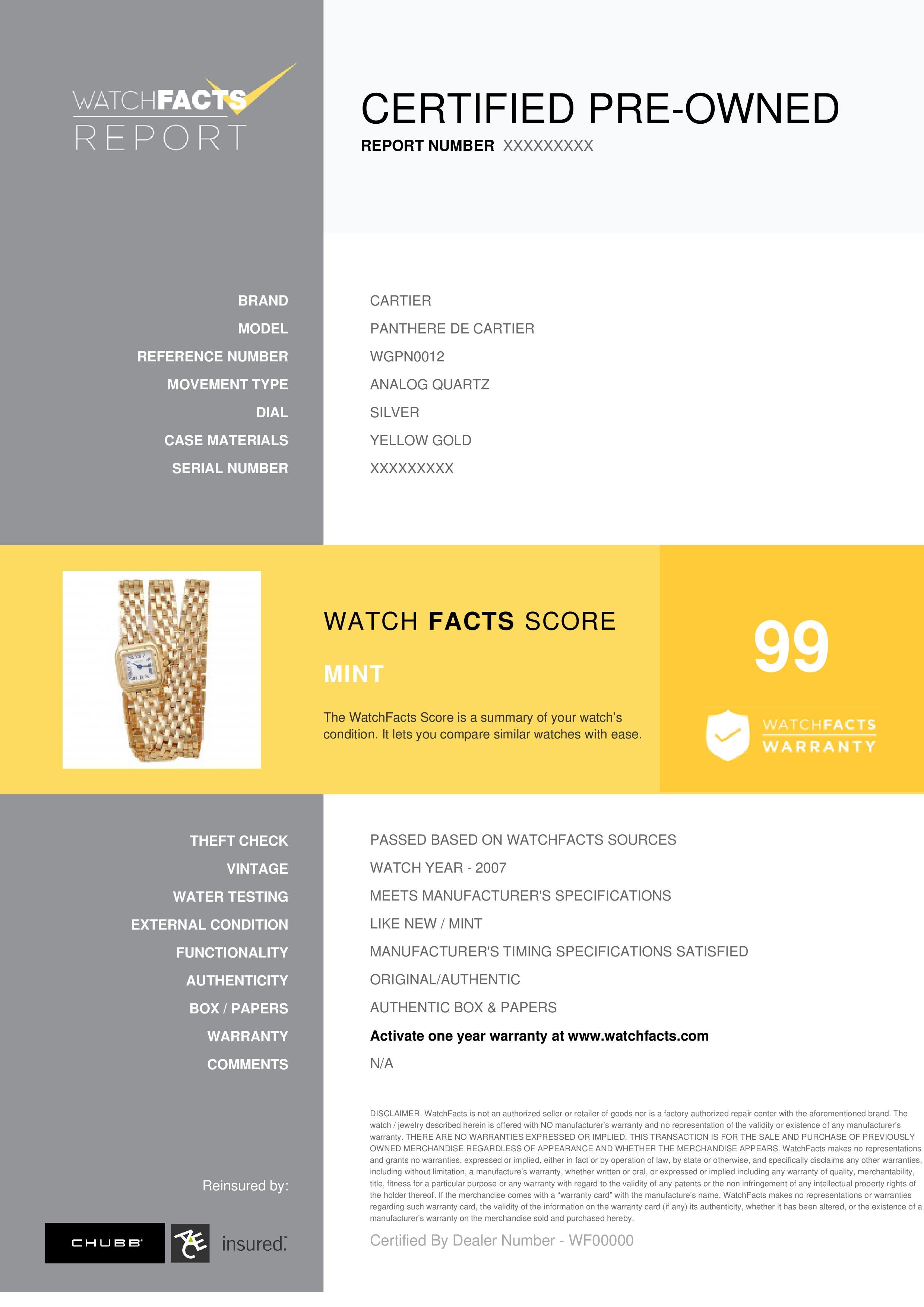 Cartier Panthere de Cartier Reference #: WGPN0012. Womens Analog Quartz Watch Yellow Gold Silver 20 MM. Verified and Certified by WatchFacts. 1 year warranty offered by WatchFacts.
