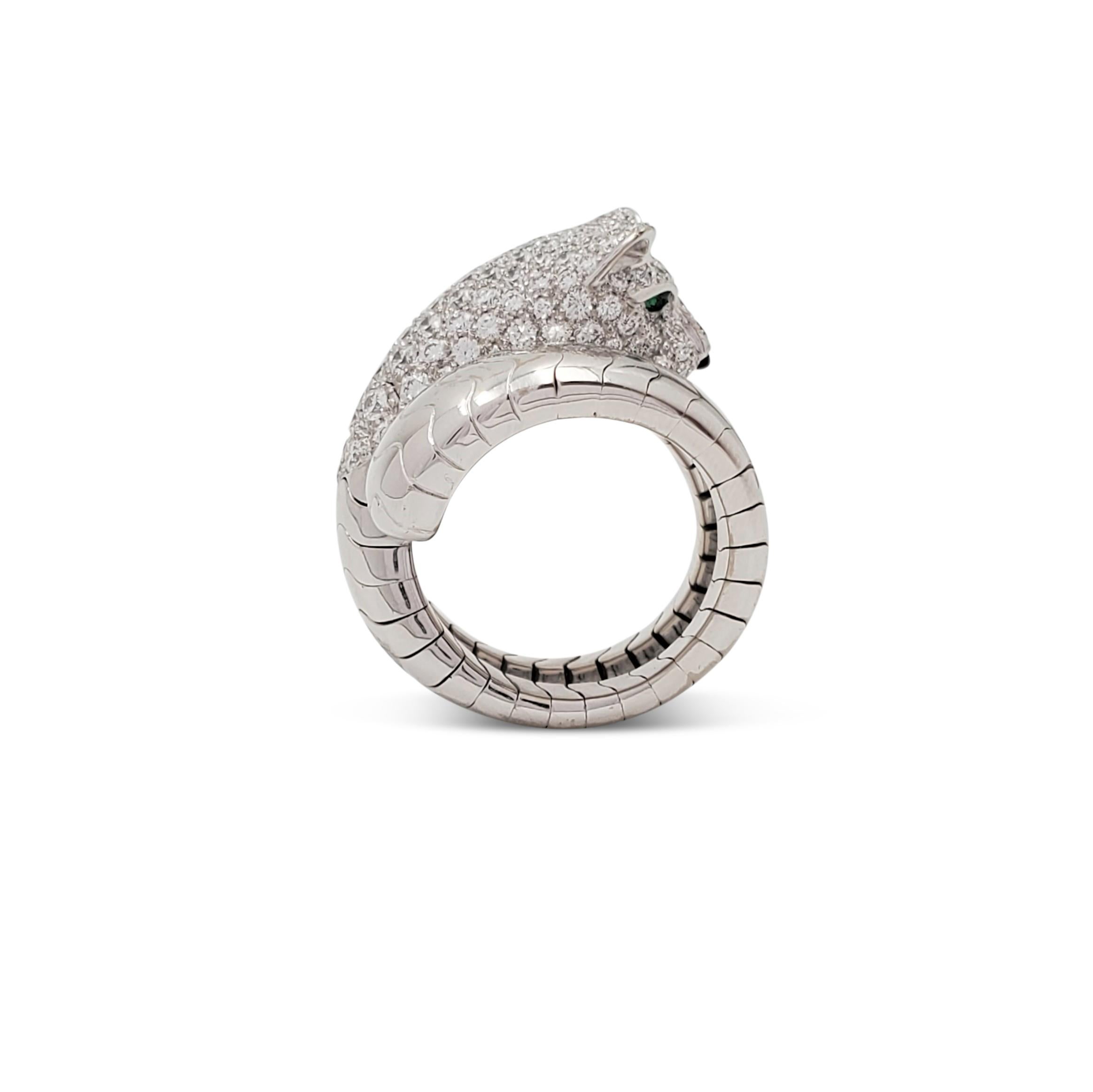 Authentic Cartier ring from the Panthère de Cartier collection centering on a single panther, an iconic symbol of the house. The ring is crafted in 18 karat white gold and set with approximately 2.00 carats of round brilliant cut diamonds (E-F