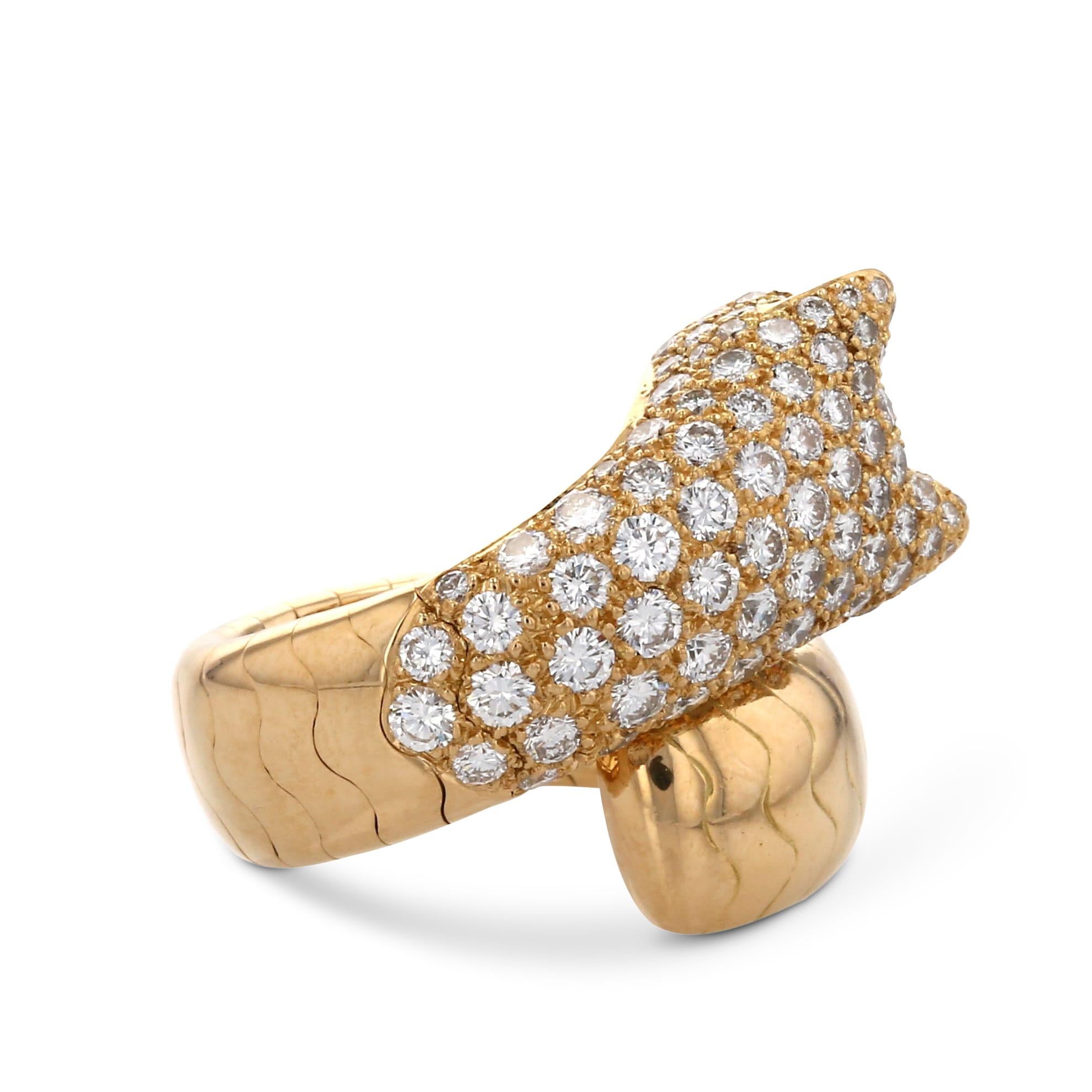 Authentic Cartier ring from the Panthère de Cartier collection centering on a single panther, an iconic symbol of the house. The ring is crafted in 18 karat yellow gold and set with approximately 2.14 carats of round brilliant cut diamonds (E-F