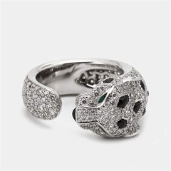Cartier Panthere De Diamond Onyx Emerald 18K White Gold Cocktail Ring Size 48
