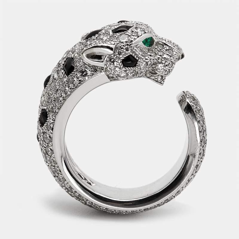 Women's Cartier Panthere De Diamond Onyx Emerald 18K White Gold Cocktail Ring Size 48