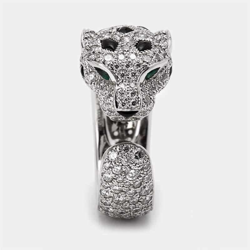 Cartier Panthere De Diamond Onyx Emerald 18K White Gold Cocktail Ring Size 48 1