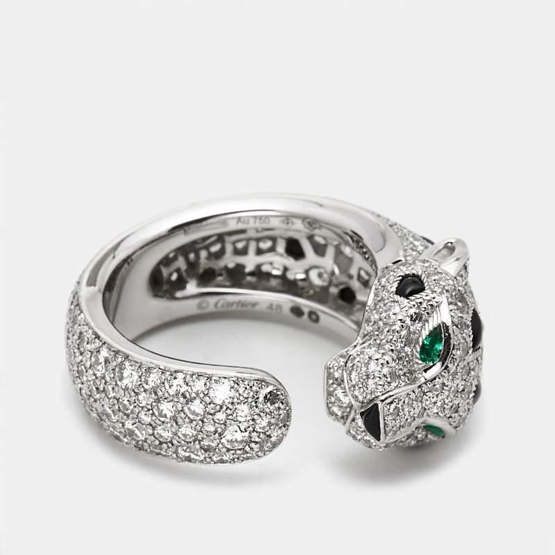 Cartier Panthere De Diamond Onyx Emerald 18K White Gold Cocktail Ring Size 48 3