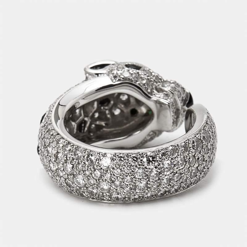 Cartier Panthere De Diamond Onyx Emerald 18K White Gold Cocktail Ring Size 48 4