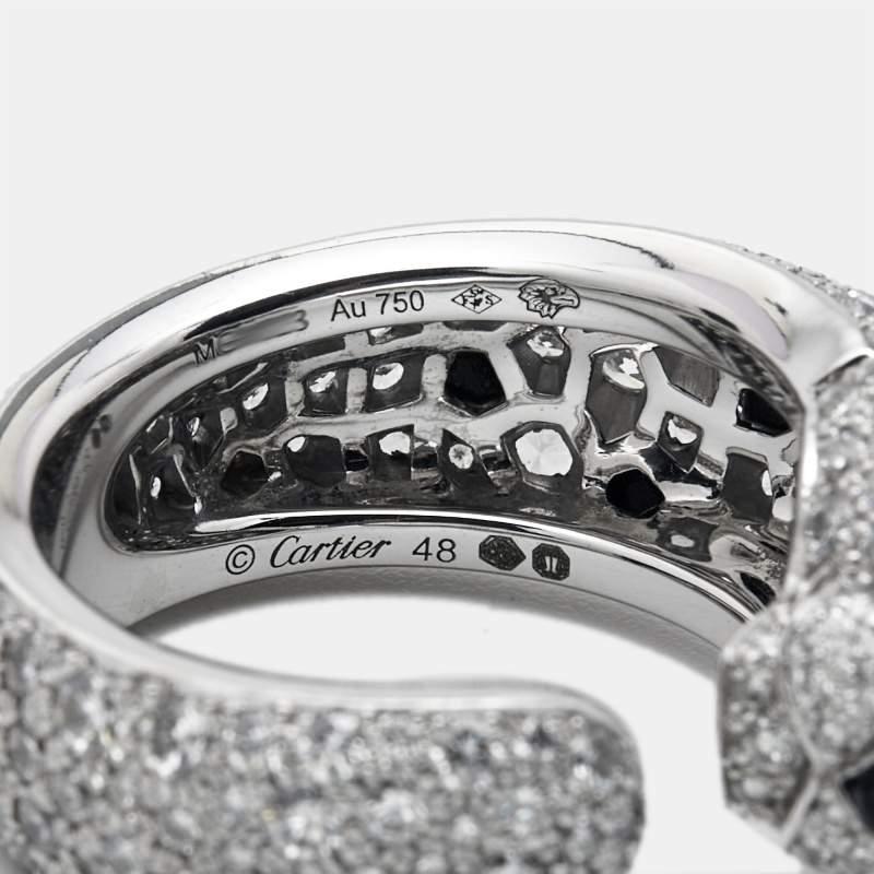Cartier Panthere De Diamond Onyx Emerald 18K White Gold Cocktail Ring Size 48 5