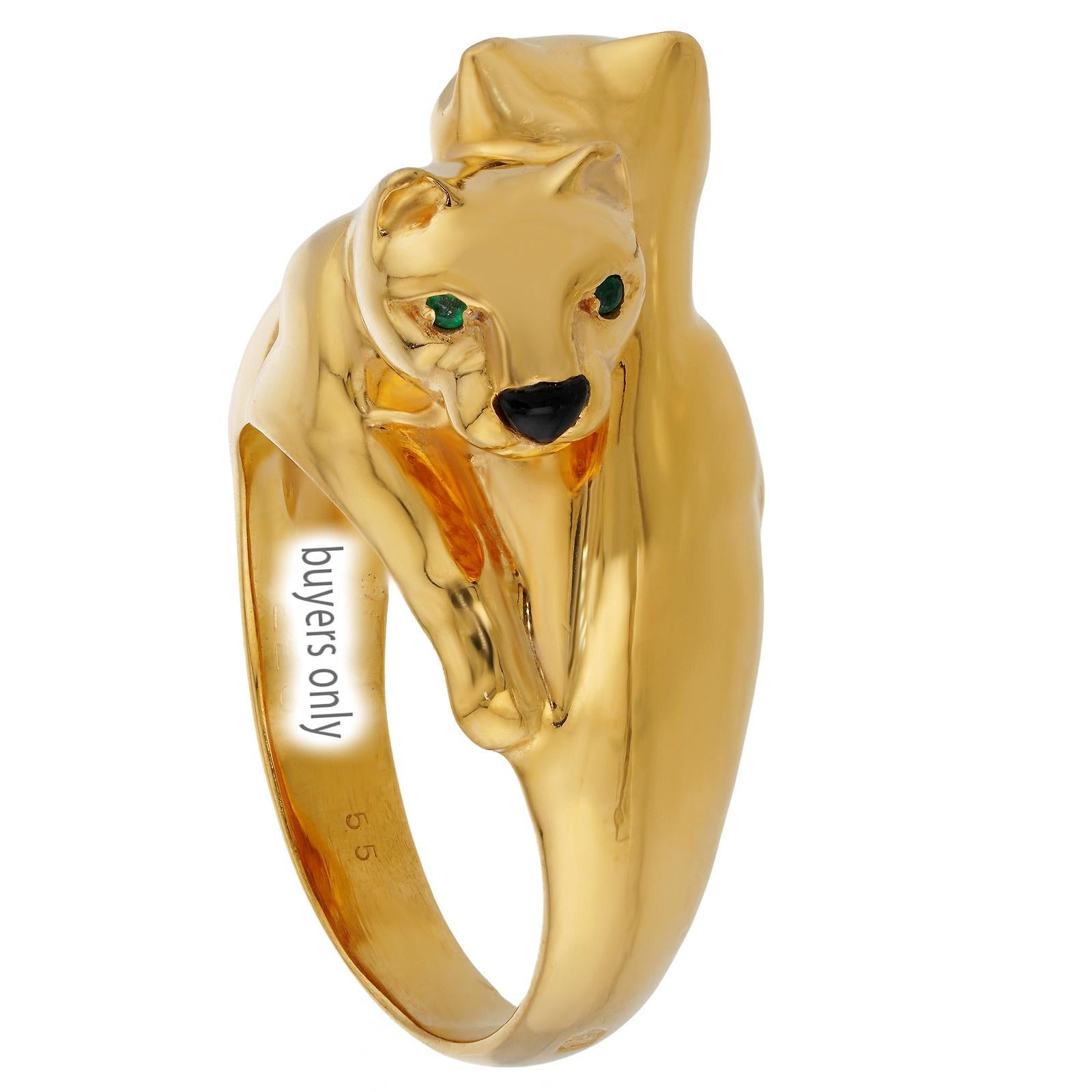 CARTIER Panthere de Double Head Smaragd-Gelbgoldring. Gr. 7,25 - EU 55. im Zustand „Hervorragend“ im Angebot in New York, NY