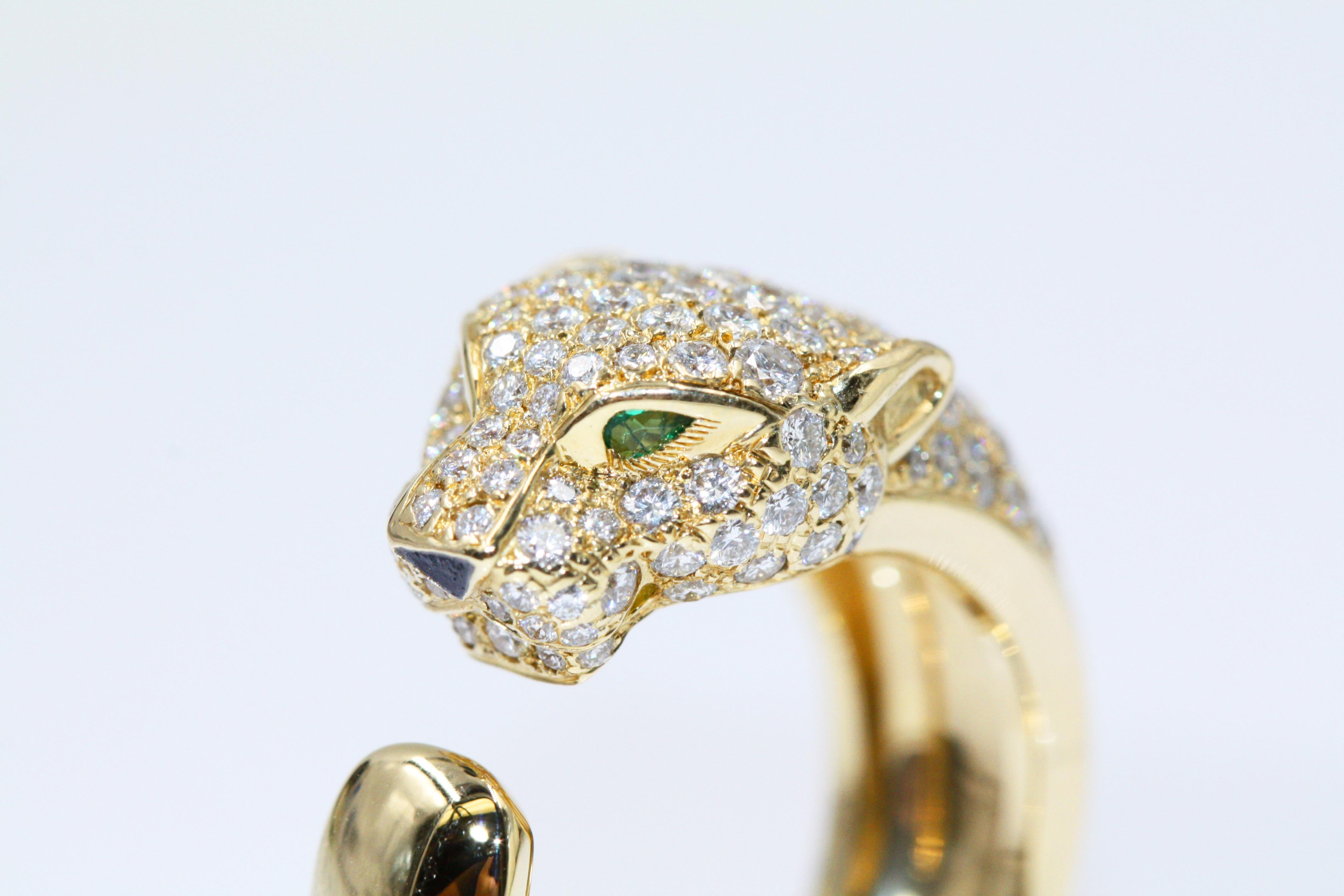 Cartier Panthère de Ring, Yellow Gold, Diamonds, Emeralds, Onyx In Excellent Condition For Sale In New York, NY