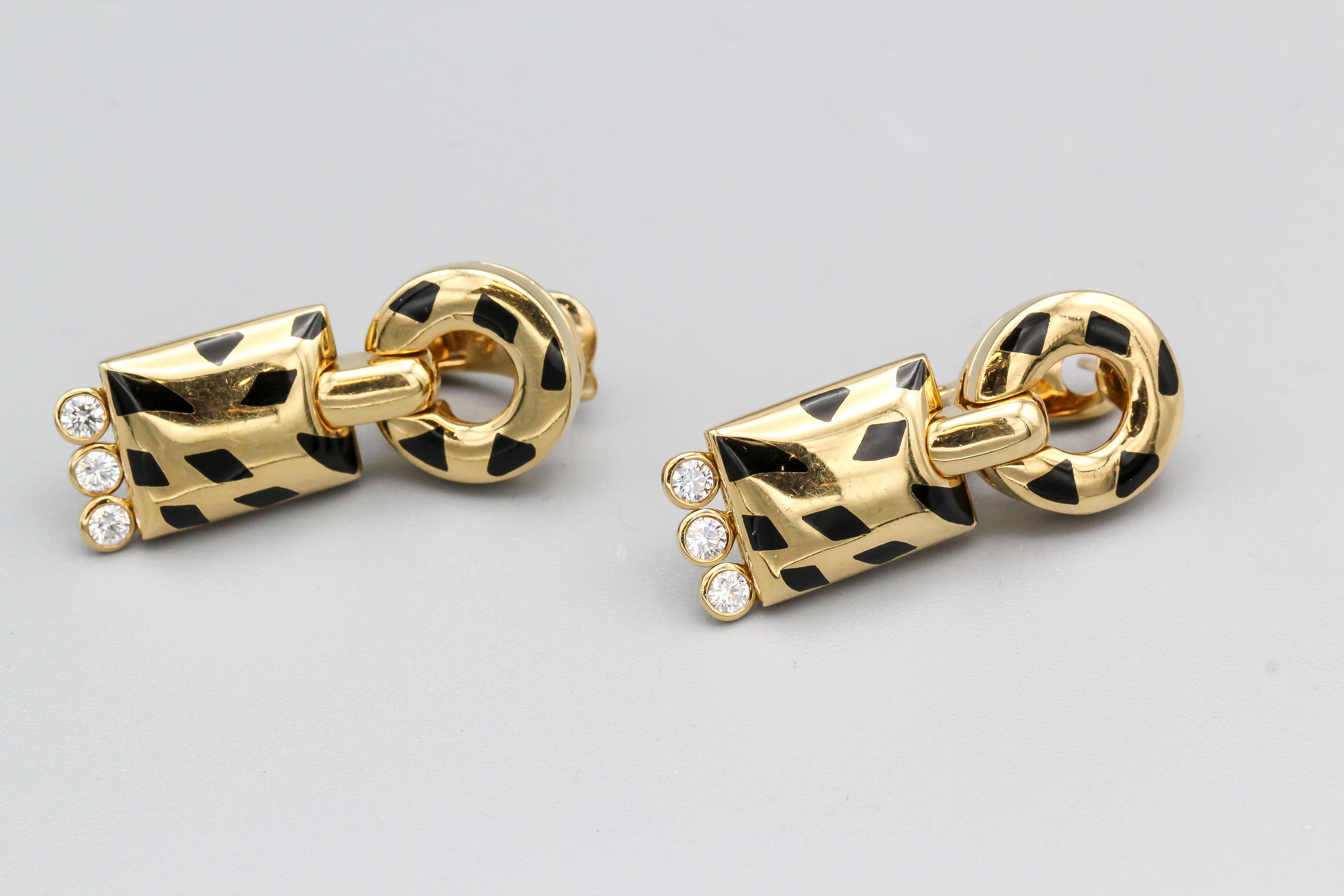 Whimsical diamond, black lacquer and 18K yellow gold pendant earrings from the 