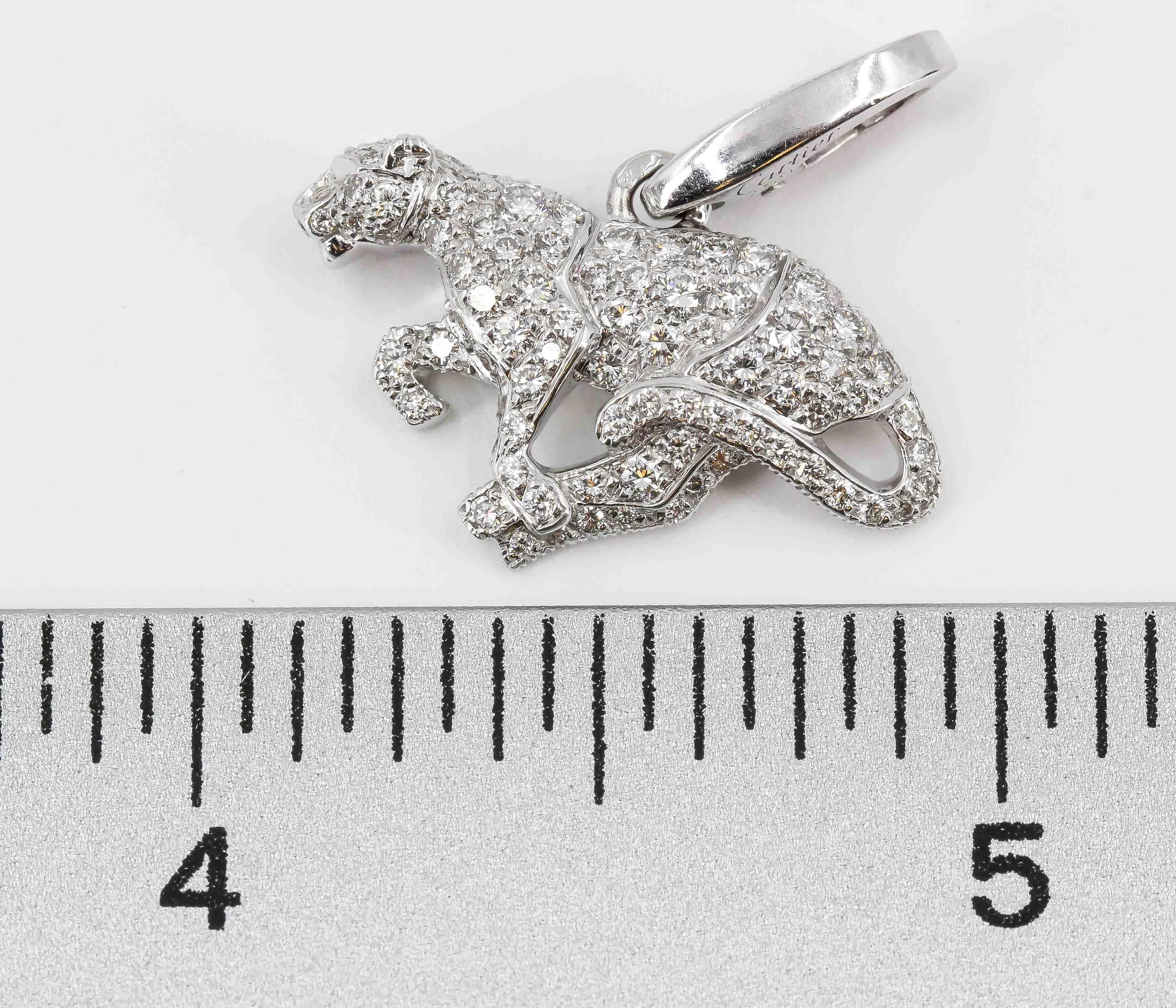 Evoke the spirit of the wild with the Cartier Panthère Diamond and 18k White Gold Charm Pendant, a testament to Cartier's legacy of grace, power, and refinement. This exquisite piece embodies the fierce yet elegant essence of the iconic panther,