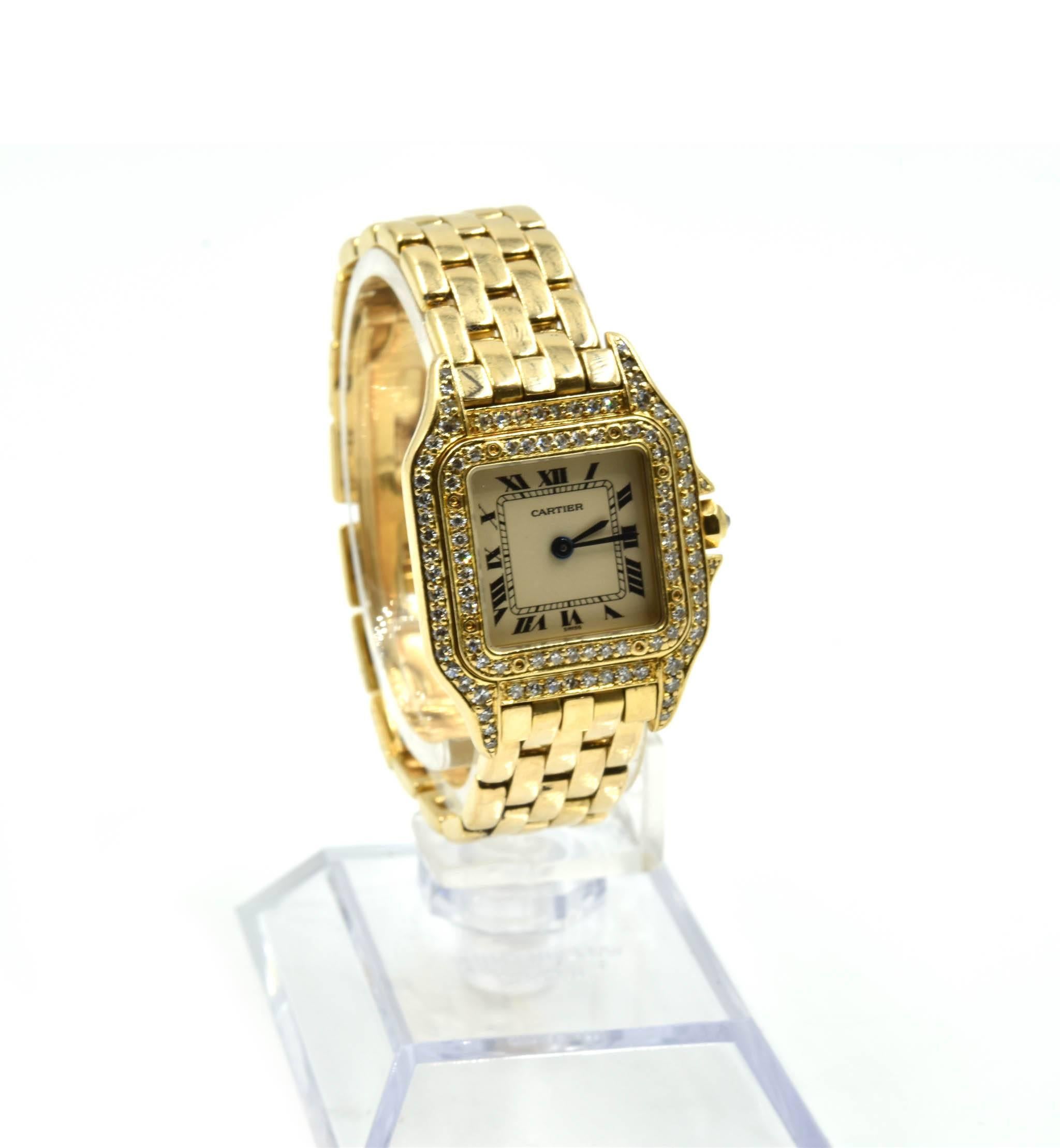 Movement: quartz
Function: hours, minutes
Case: square 23mm 18k yellow gold case set with diamonds, diamond bezel, sapphire protective crystal, pull/push crown
Dial: champagne dial with blued steel hands, black roman numeral hour markers, black