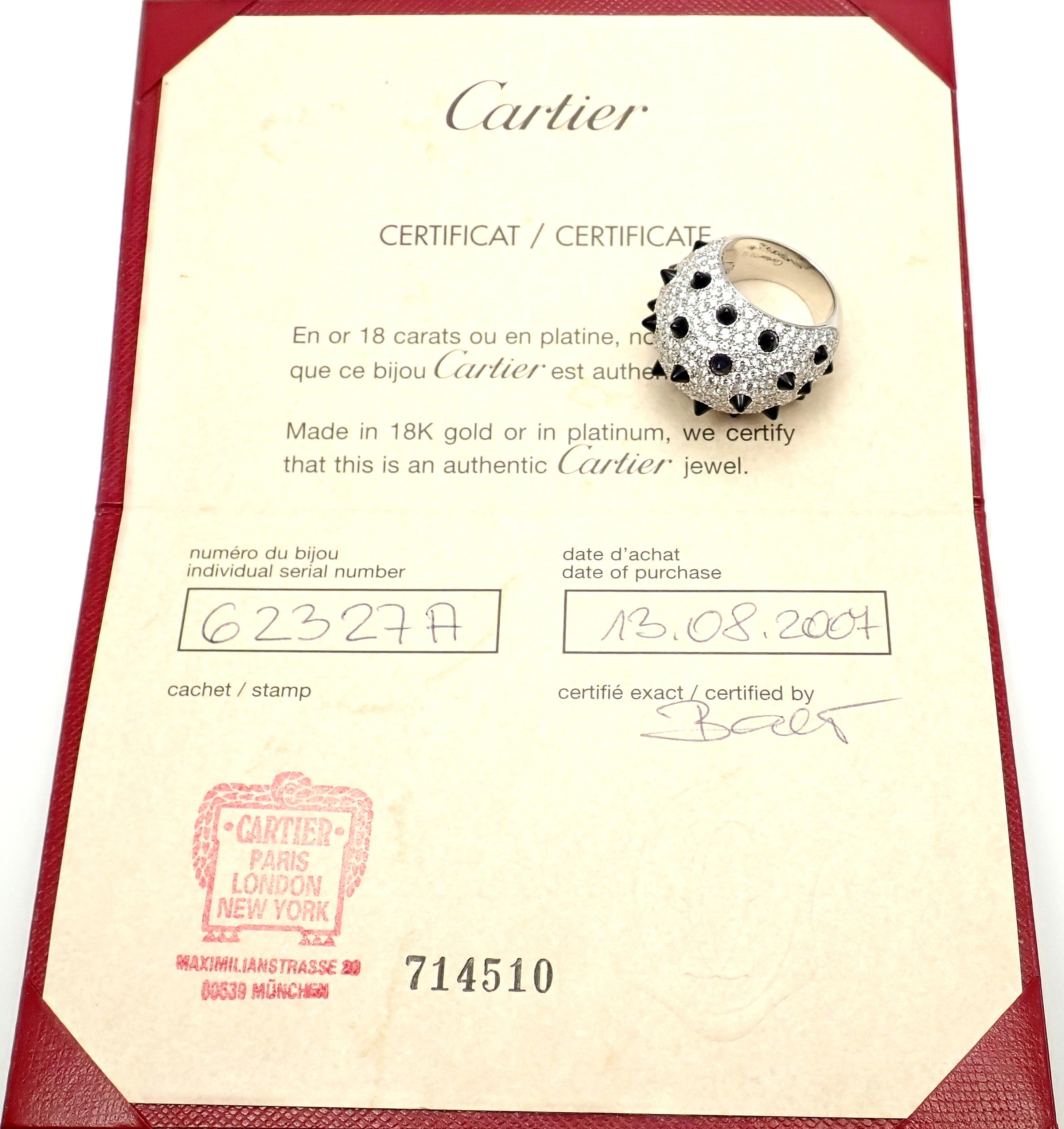 18k White Gold Diamond & Black Onyx Panthere Ring by Cartier.  
This ring comes with Cartier certificate and a Cartier box.
With Round brilliant cut diamonds VVS1 clarity, E color total weight approx. 3.66ct
Black Onyx total weight approx.