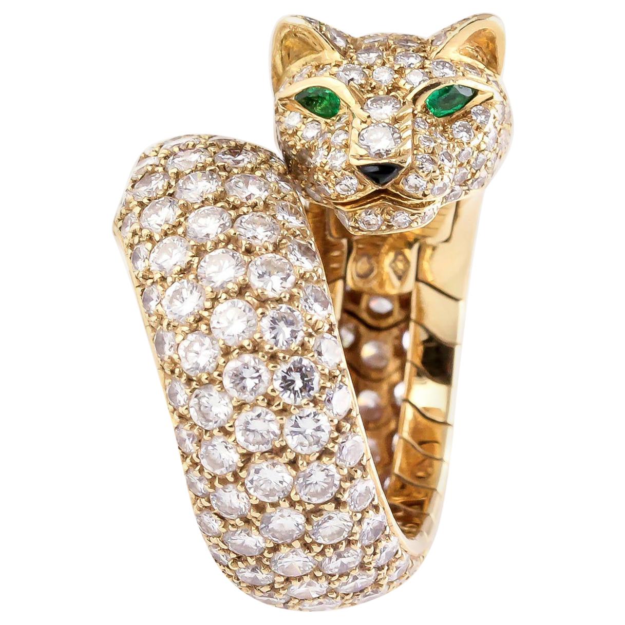 Cartier Panthere Diamond Emerald Onyx 18 Karat Gold Ring