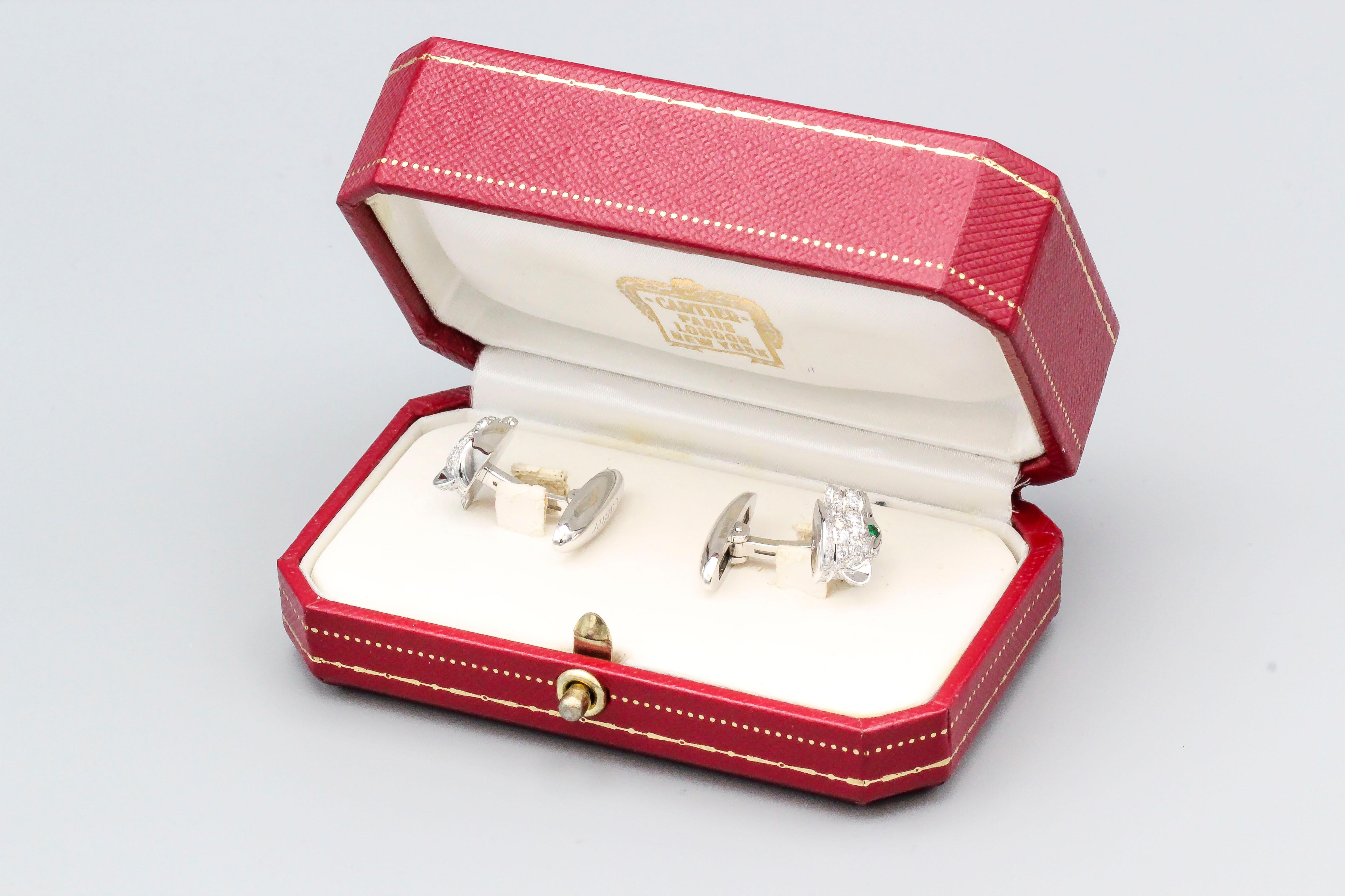 Men's Cartier Panthere Diamond Emerald Onyx and 18 Karat White Gold Cufflinks