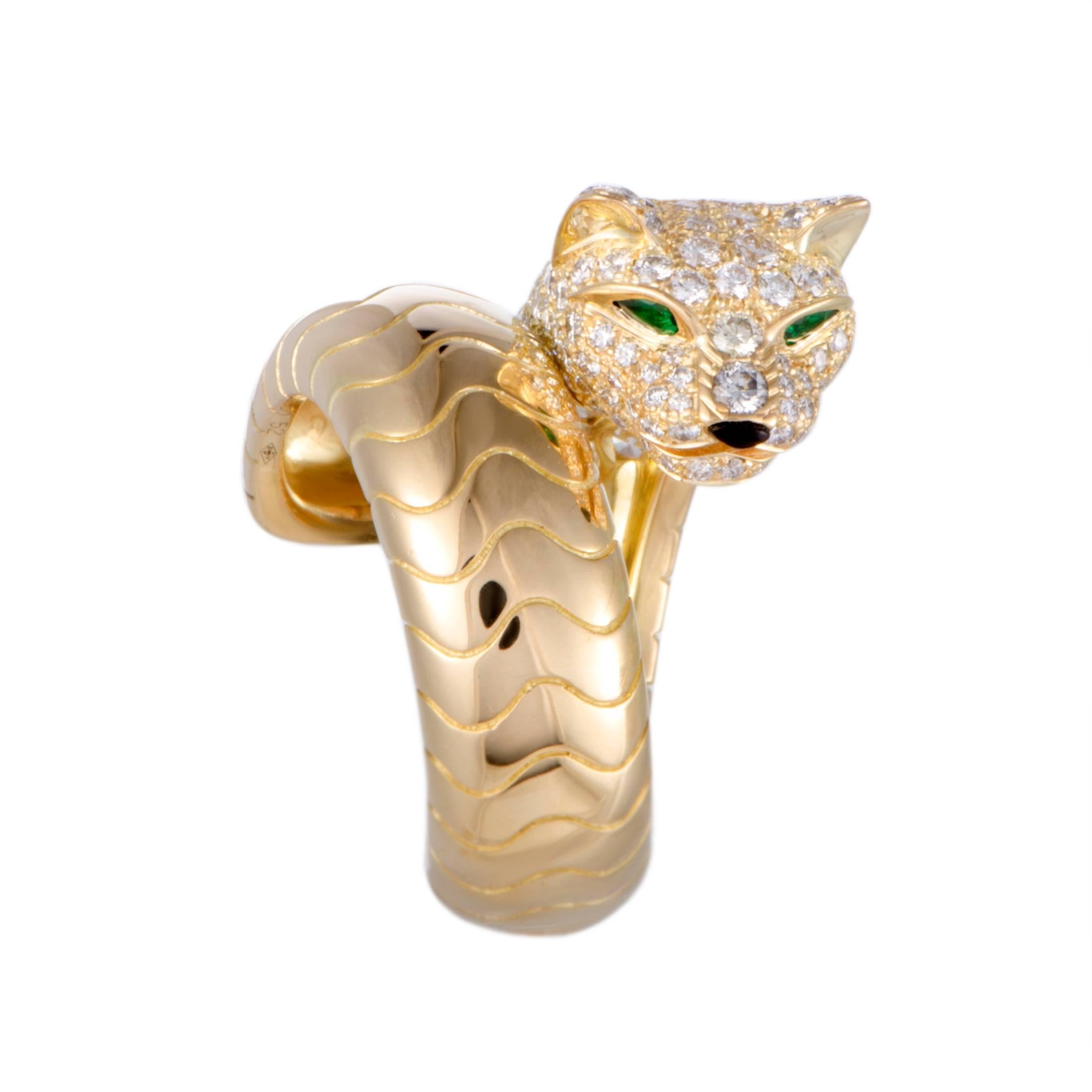 Women's Cartier Panthere Diamond Pave Emerald Onyx 18K Yellow Gold Bypass Ring size 6.5