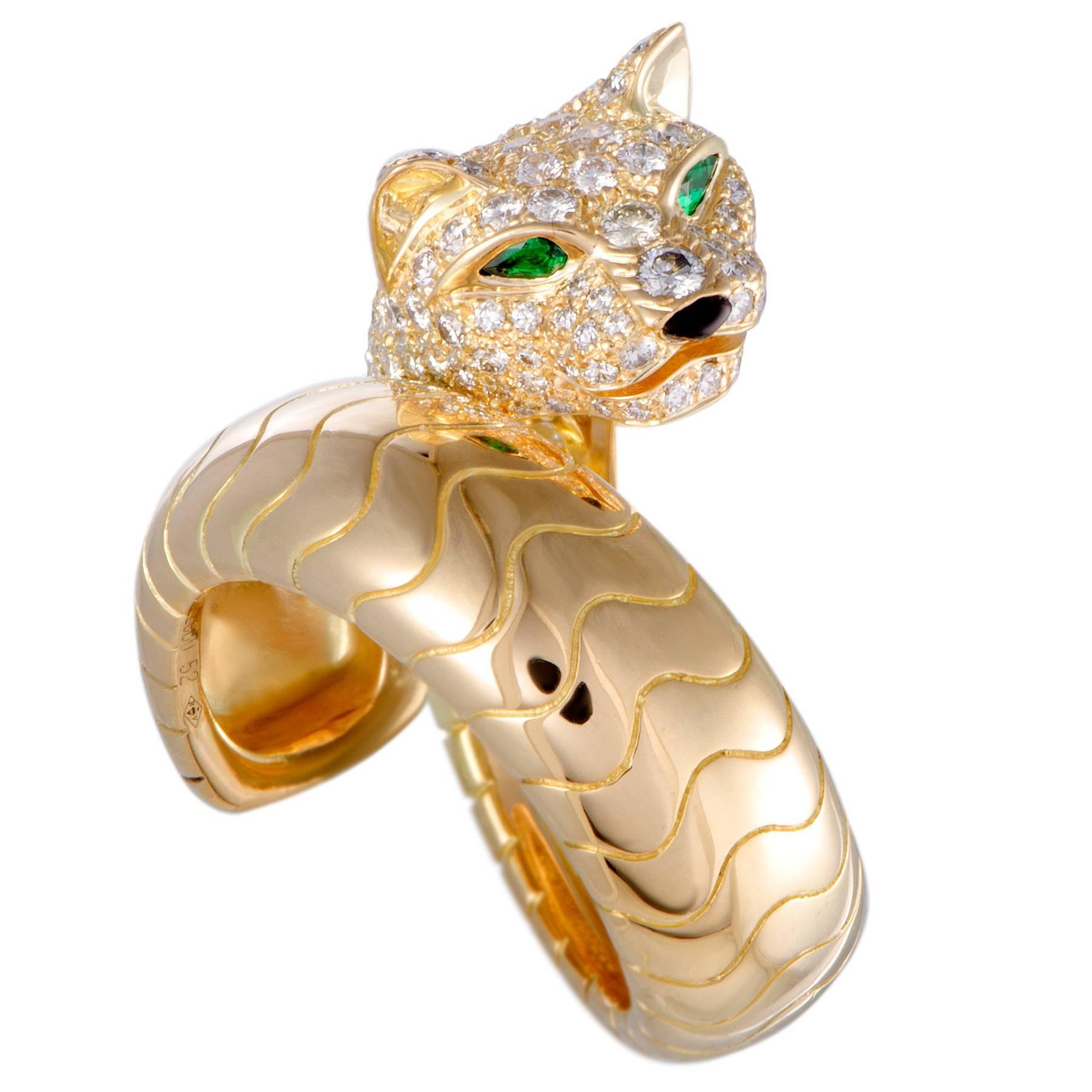 Cartier Panthere Diamond Emerald Onyx Yellow Gold Band Ring