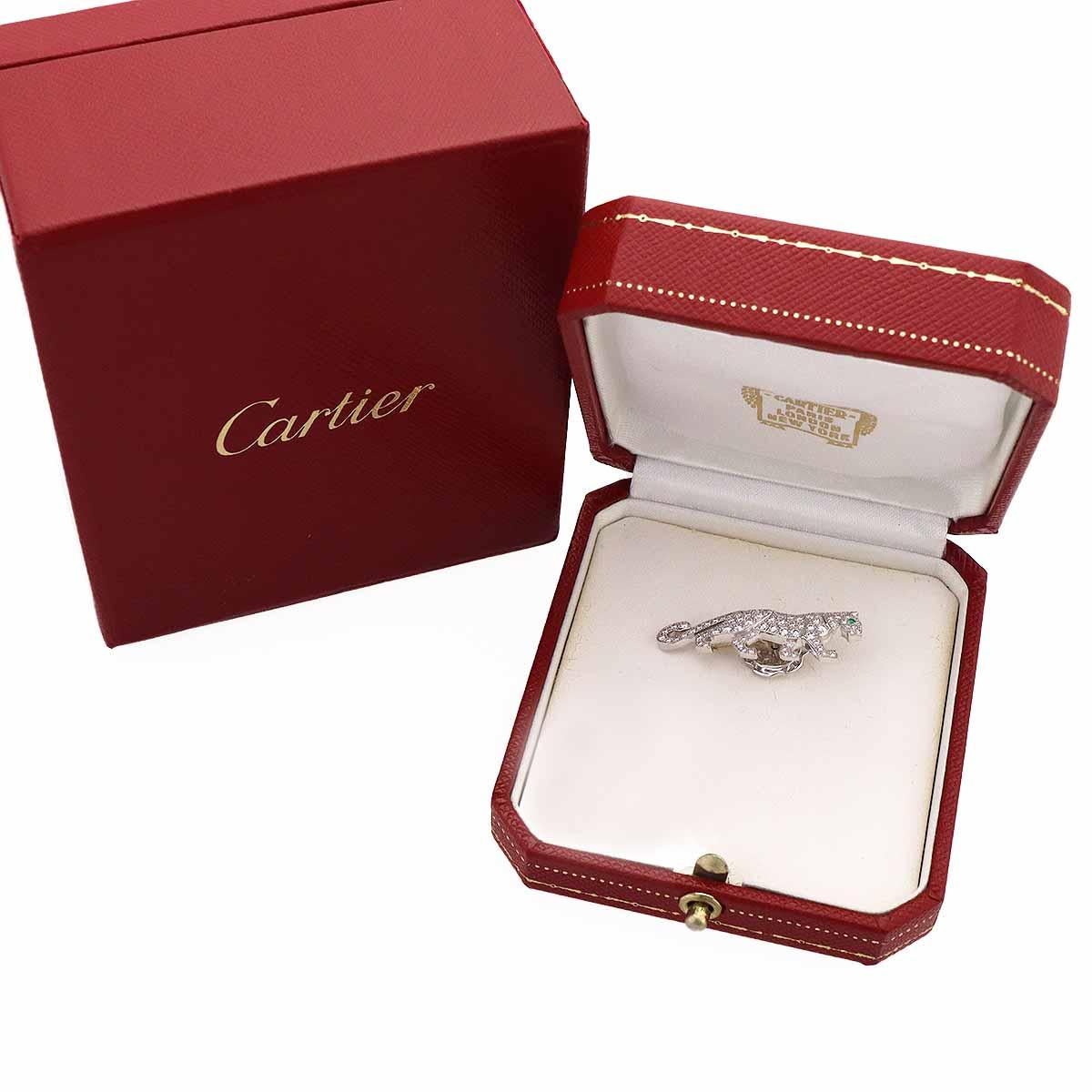 Women's Cartier Panthere Diamond Emerald Pin Brooch 18 Karat White Gold