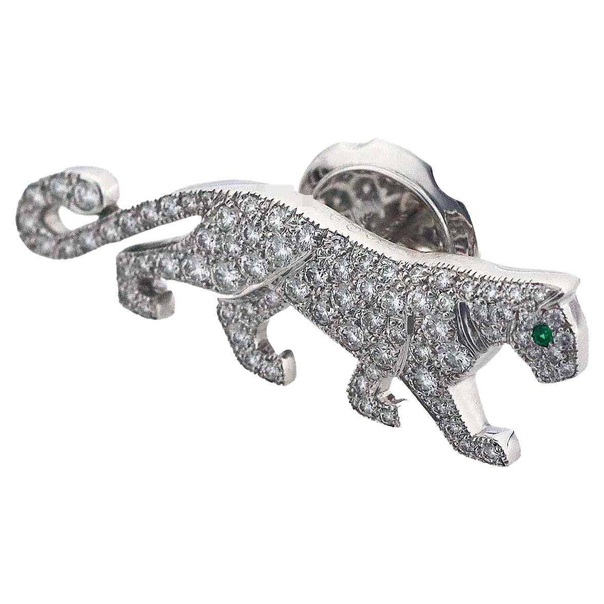 Cartier Panthere Diamond Emerald Pin Brooch 18 Karat White Gold