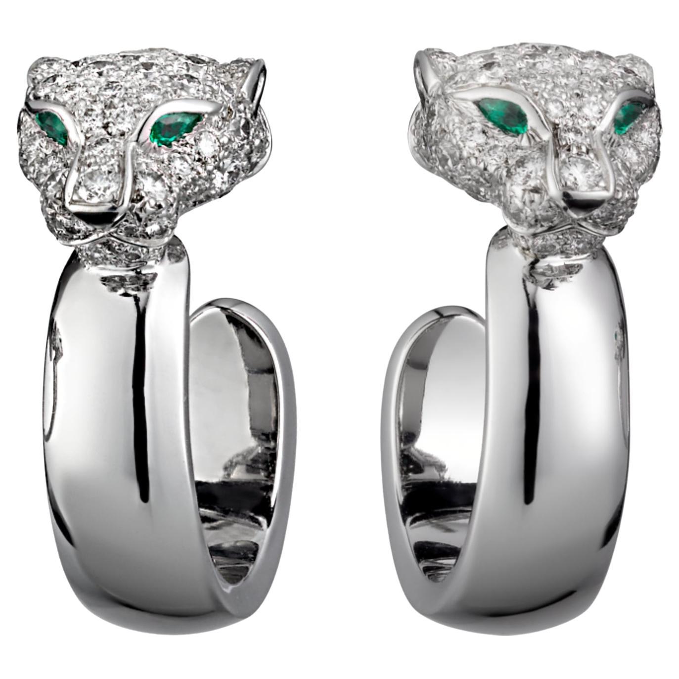 Cartier Panthere Diamond Emerald White Gold Hoop Earrings