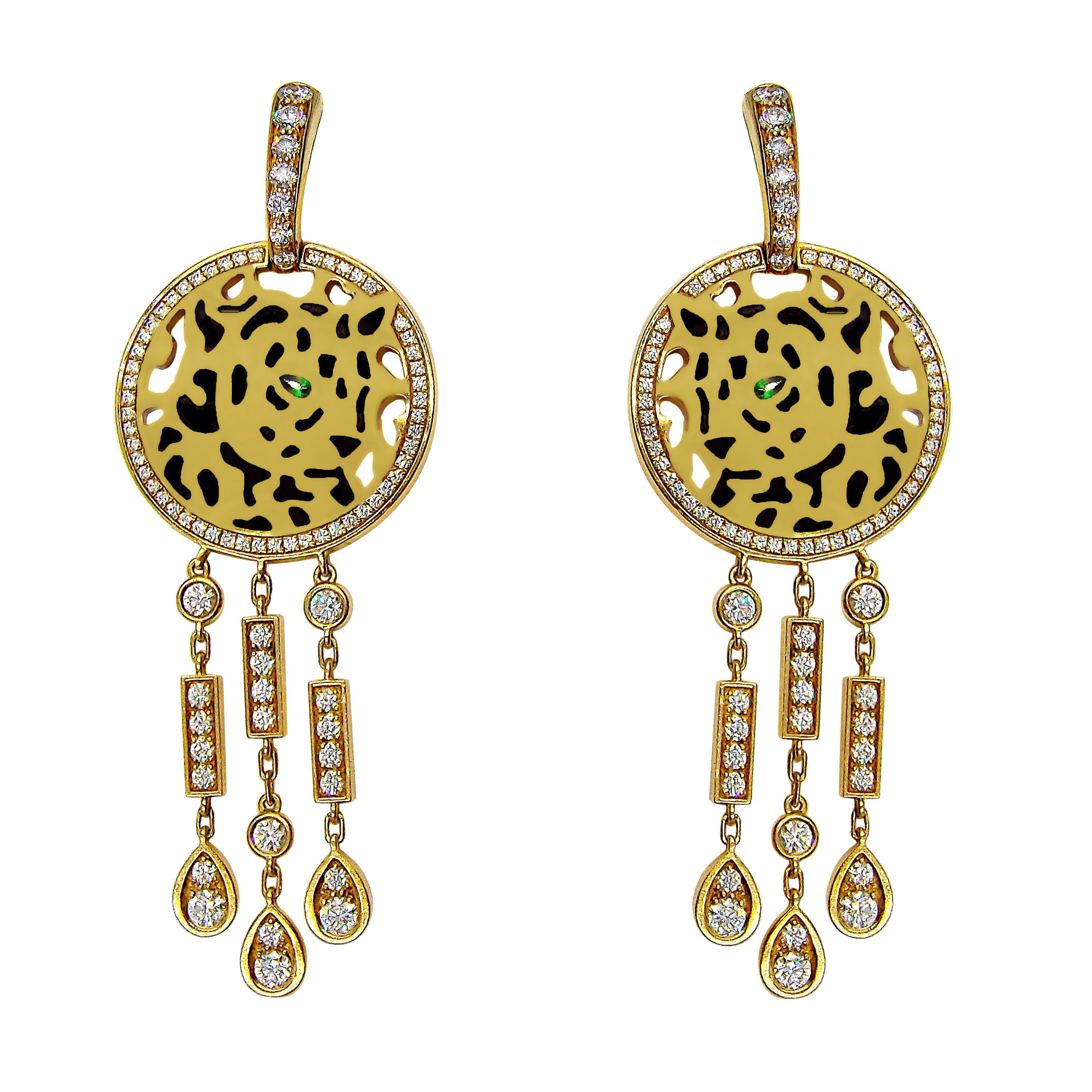 Round Cut Cartier Panthere Diamond Enamel Yellow Gold Earrings For Sale