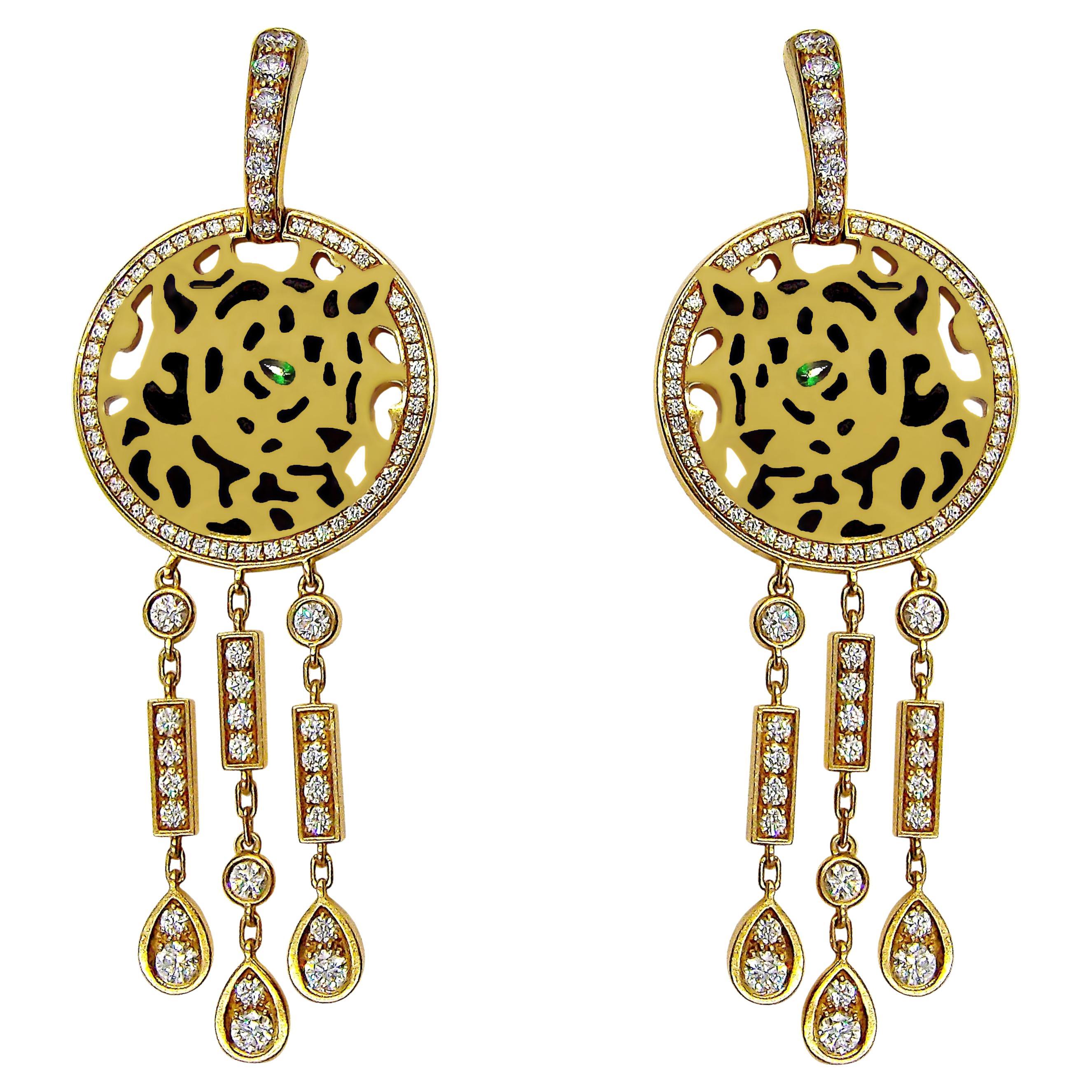 Cartier Panthere Diamond Enamel Yellow Gold Earrings For Sale