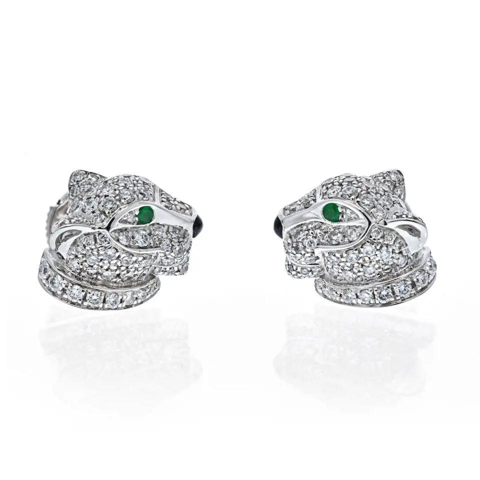 Cartier Panthere Diamond Green Emerald & Onyx Stud Earrings 18K White Gold