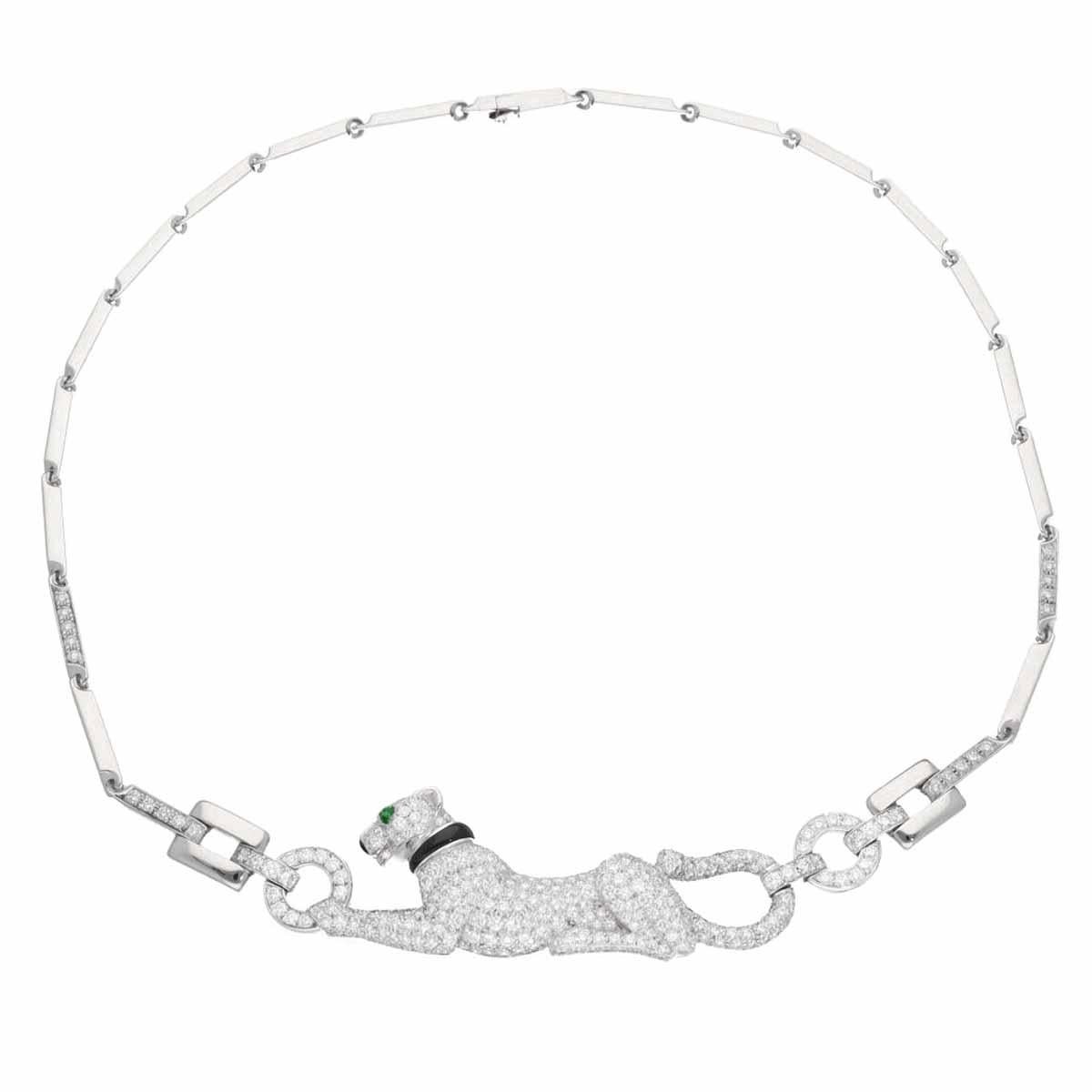 ■ Item Number: 23100301
■ Brand: Cartier
■ Product Name: Panthère Diamond Necklace
■ Reference: N7048600
■ Material: Diamonds, 1P Emerald, 1P Onyx, 750 K18 WG White Gold
■ Weight: Approximately 53.6g
■ Neck Circumference: Approximately 43.5cm /