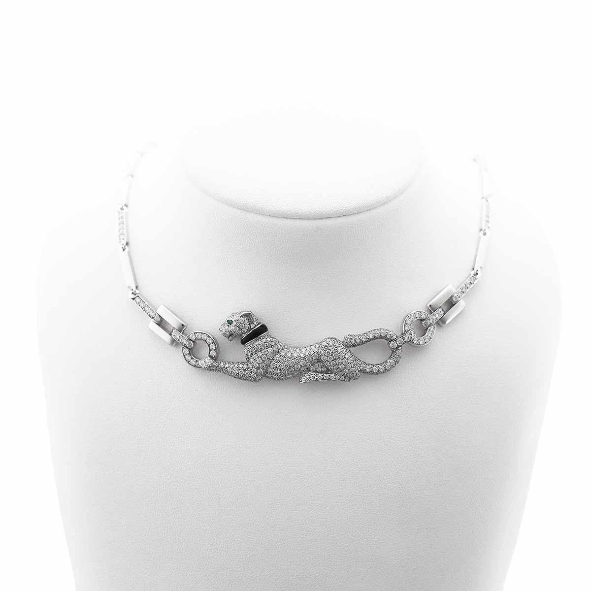 Round Cut Cartier Panthere Diamond Emerald Onyx 18K White Gold Necklace For Sale
