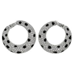 Retro Cartier Panthere Diamond Onyx Platinum Large Hoop Earrings