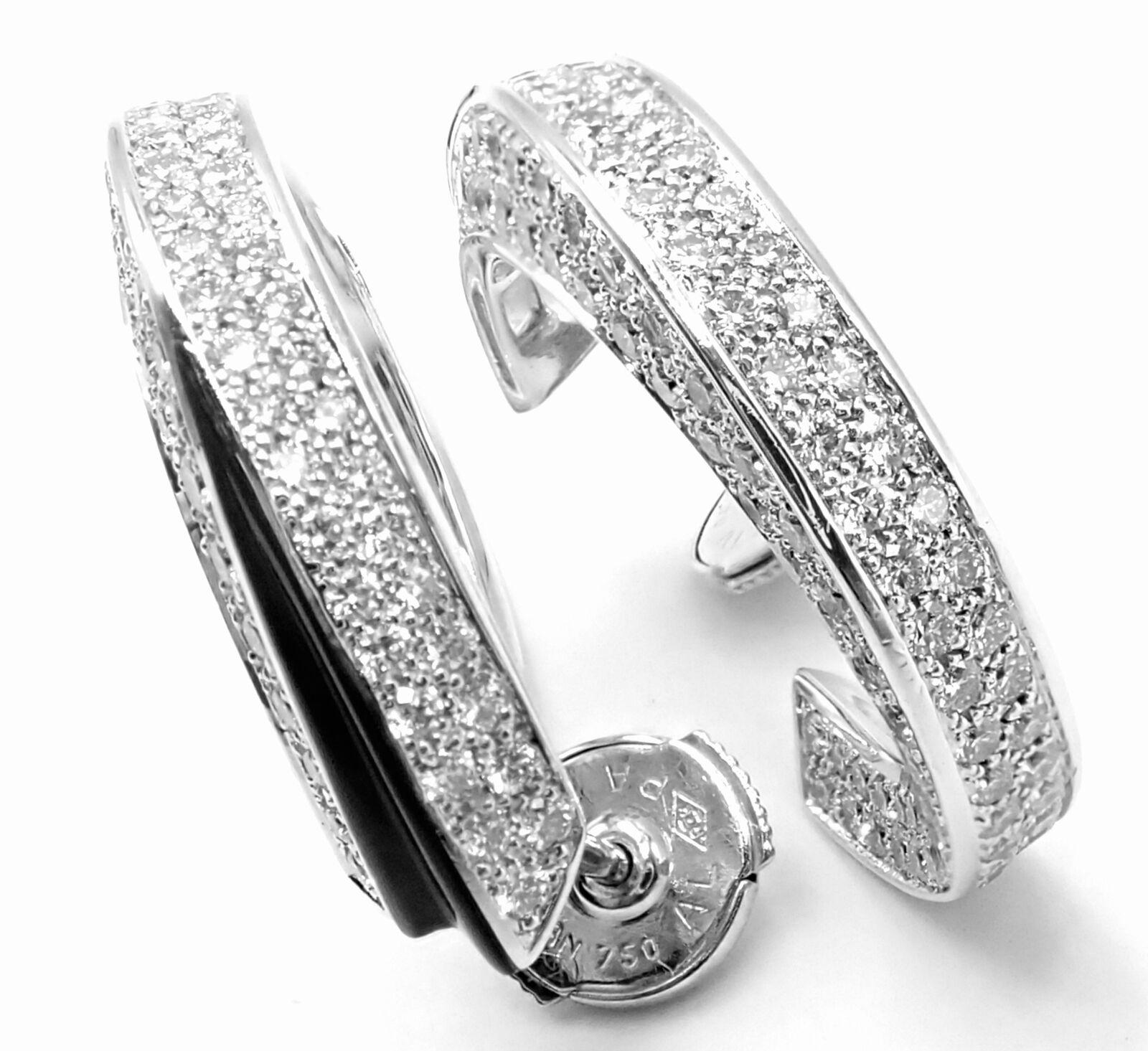 Women's or Men's Cartier Panthere Diamond Onyx White Gold Hoop Earrings For Sale