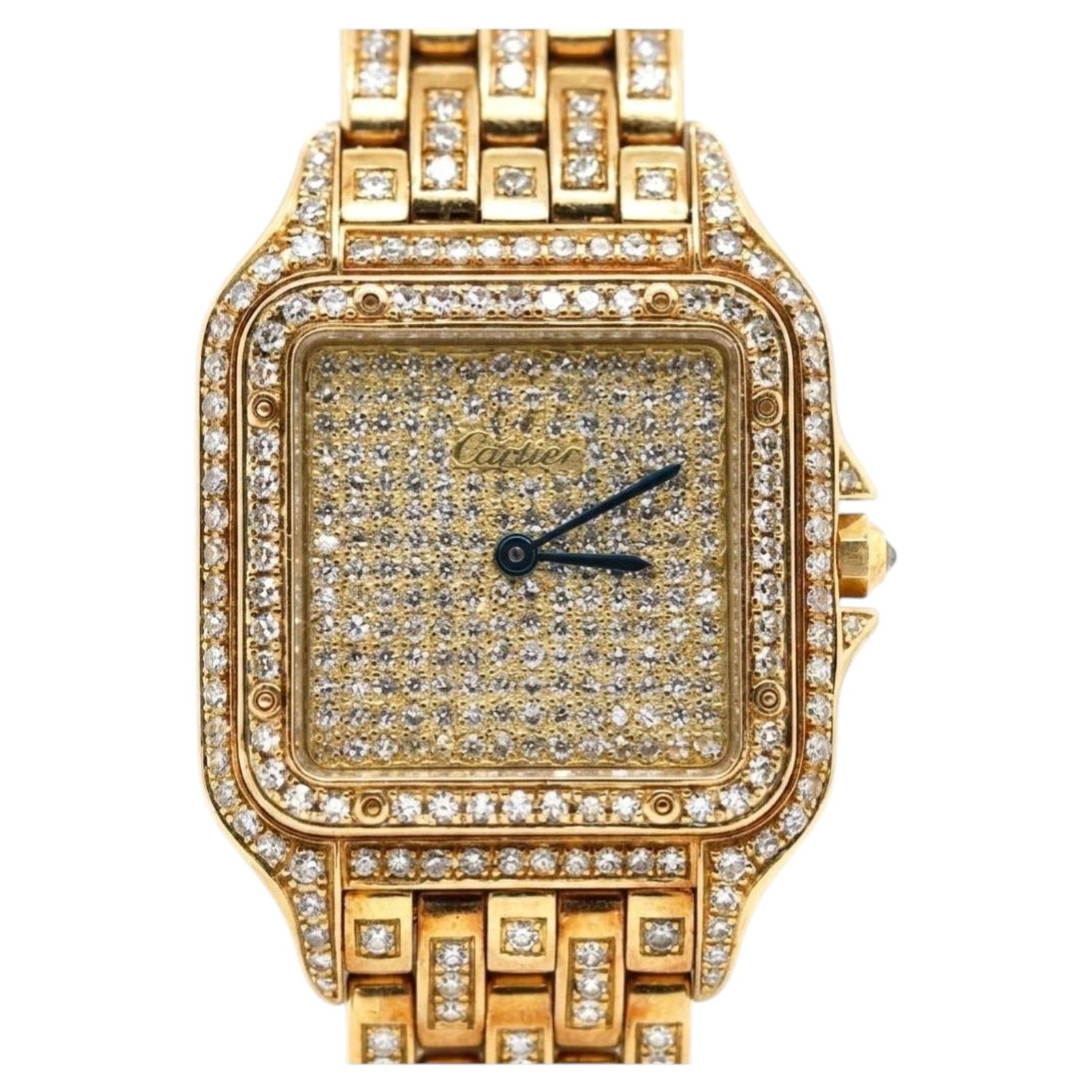 Reloj de lujo para mujer Cartier Panthère con esfera con pavé de diamantes y caja de oro amarillo de 18 quilates