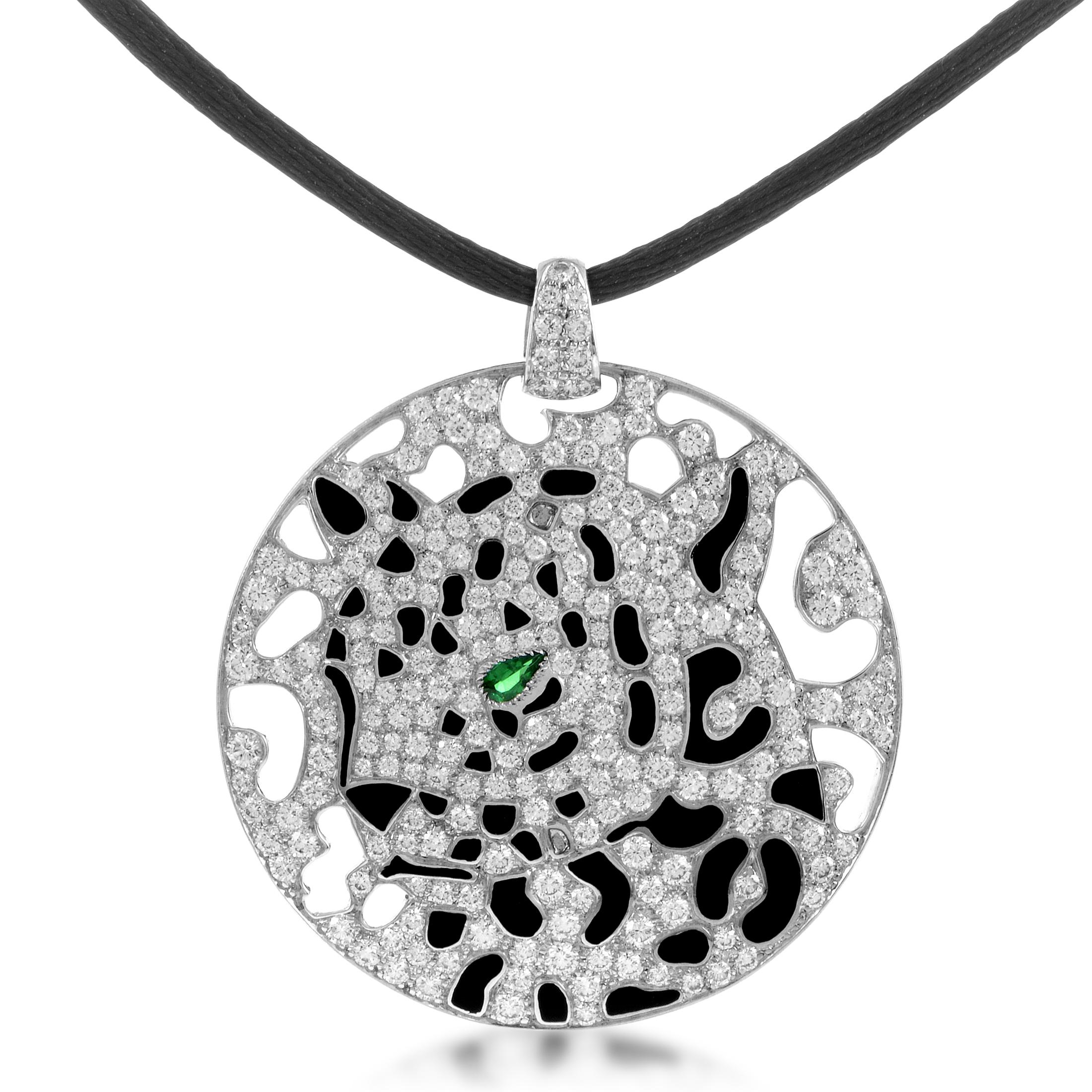 Round Cut Cartier Panthere Diamond Pave Emerald Enameled White Gold Pendant Cord Necklace