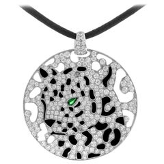 Cartier Panthere Diamond Pave Emerald Enameled White Gold Pendant Cord Necklace