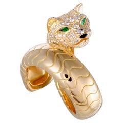 Cartier Panthere Diamond Pave Emerald Onyx 18K Yellow Gold Bypass Ring size 6.5