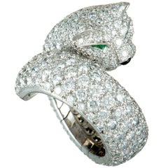 Cartier Panthere Diamond Pave Onyx and Emerald White Gold Bypass Ring