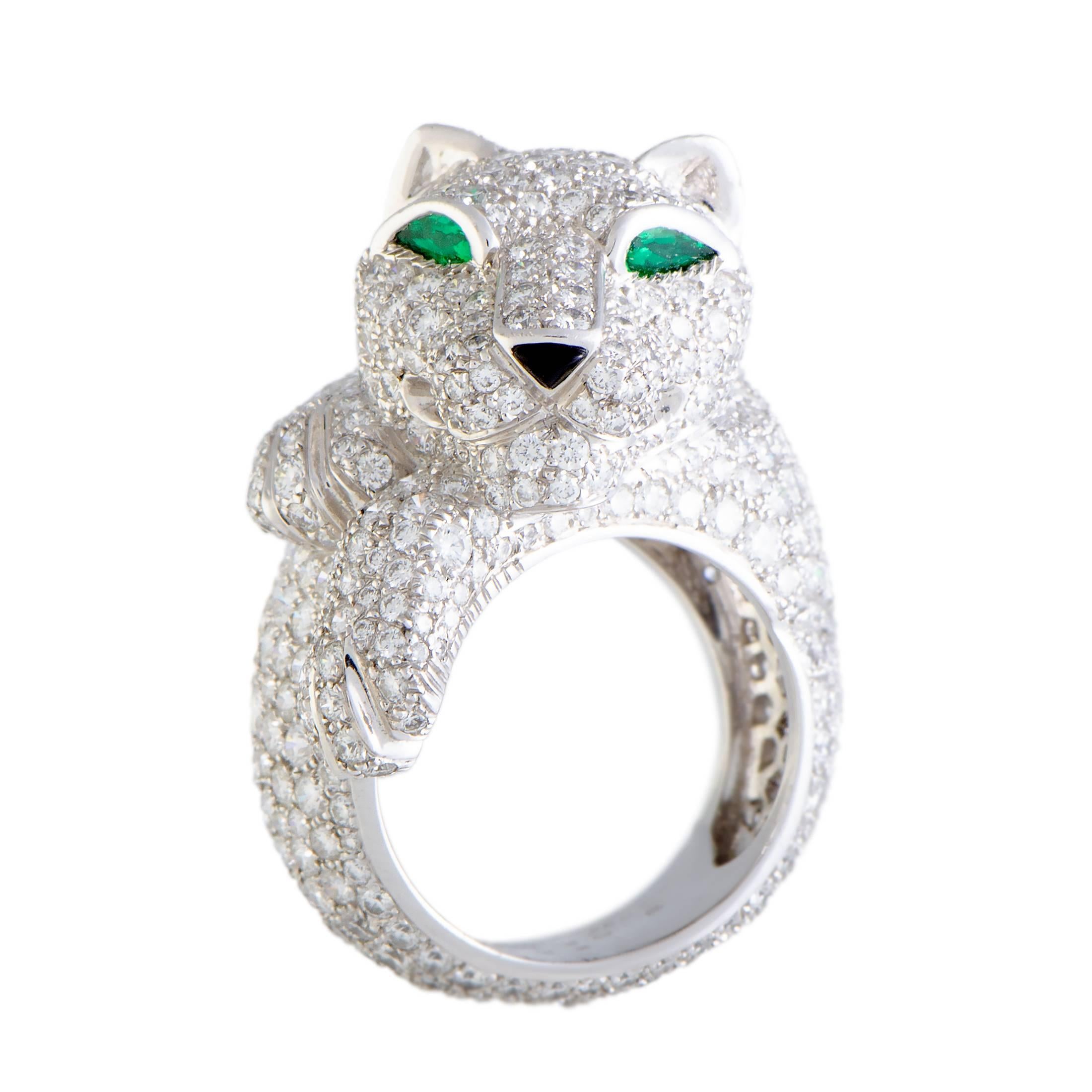 A compellingly luxurious creation of the brand's famous panther motif, this superb ring offers a look of absolute prestige and extravagance. Presented by Cartier, the ring is crafted from elegantly gleaming 18K white gold and it weighs 22.8 grams.