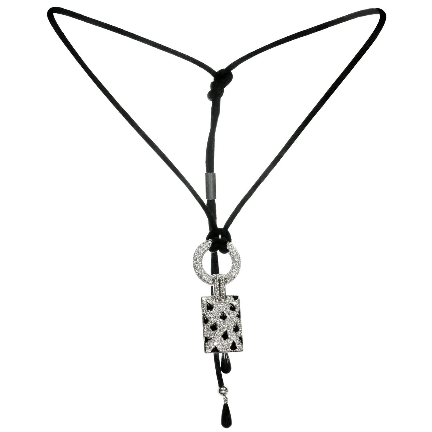 Cartier Panthere Diamond Pave Onyx White Gold Pendant Satin Cord Necklace In New Condition In New York, NY